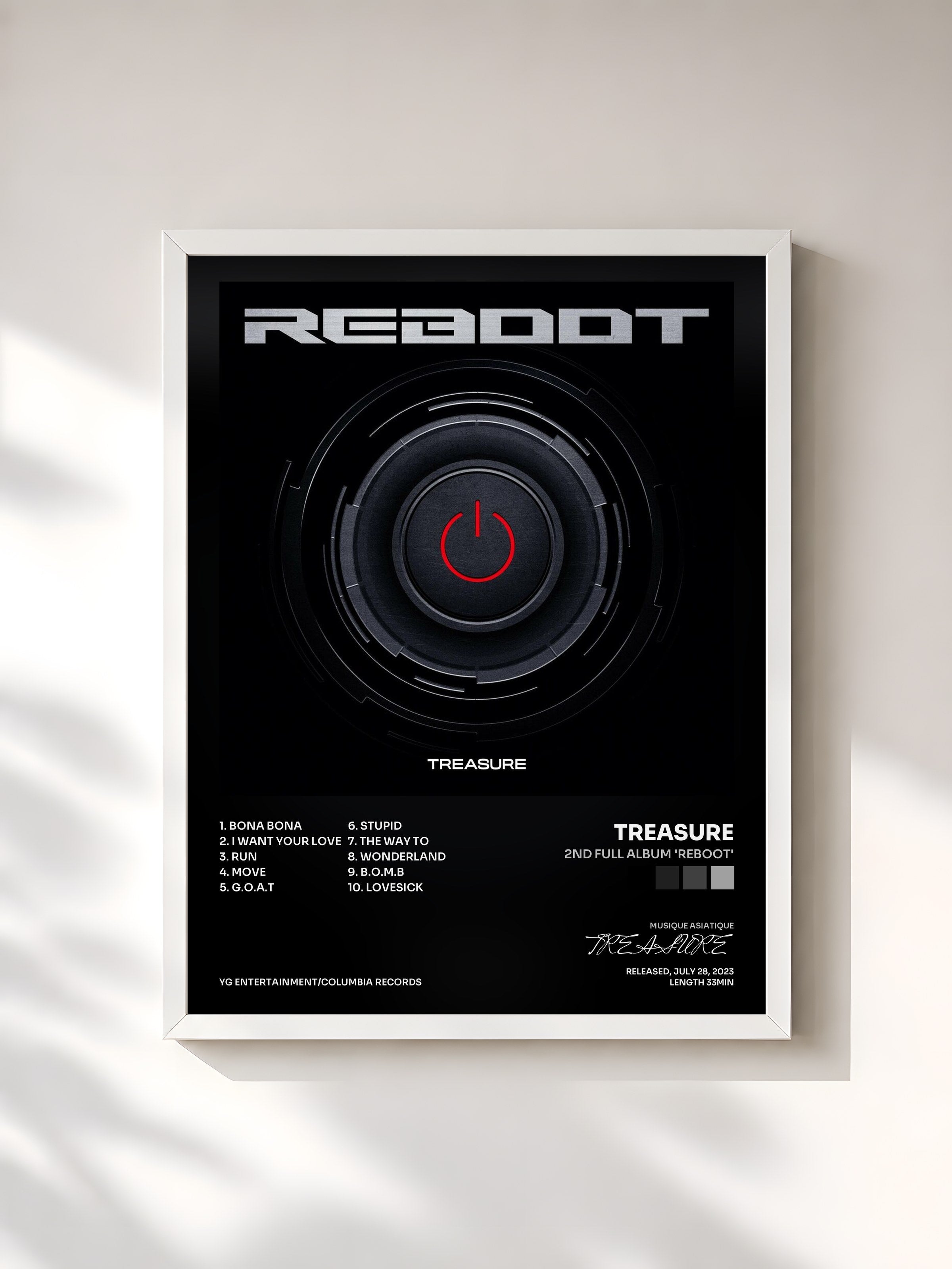 #blanc Tableau de l'album 2ND FULL ALBUM 'REBOOT' de TREASURE, cadre blanc, imprimé et encadré en France