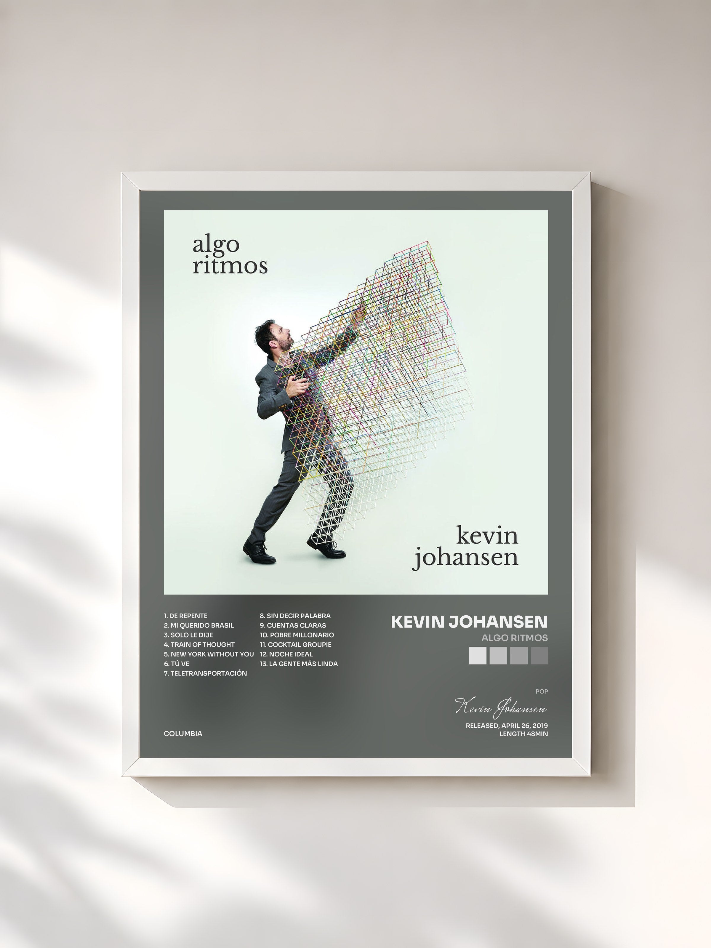 #blanc Tableau de l'album Algo Ritmos de Kevin Johansen, cadre blanc, imprimé et encadré en France