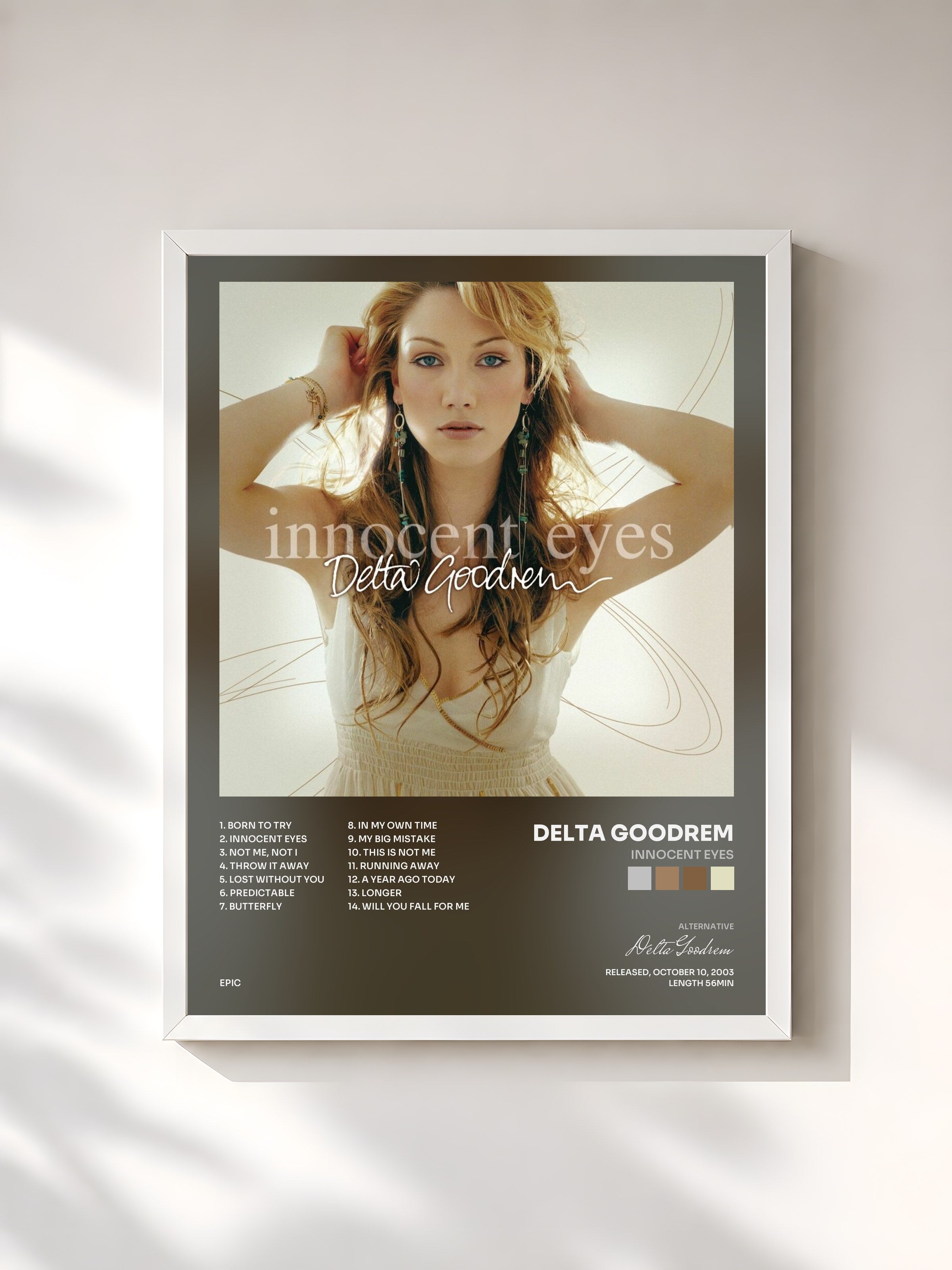 #blanc Tableau de l'album Innocent Eyes de Delta Goodrem, cadre blanc, imprimé et encadré en France