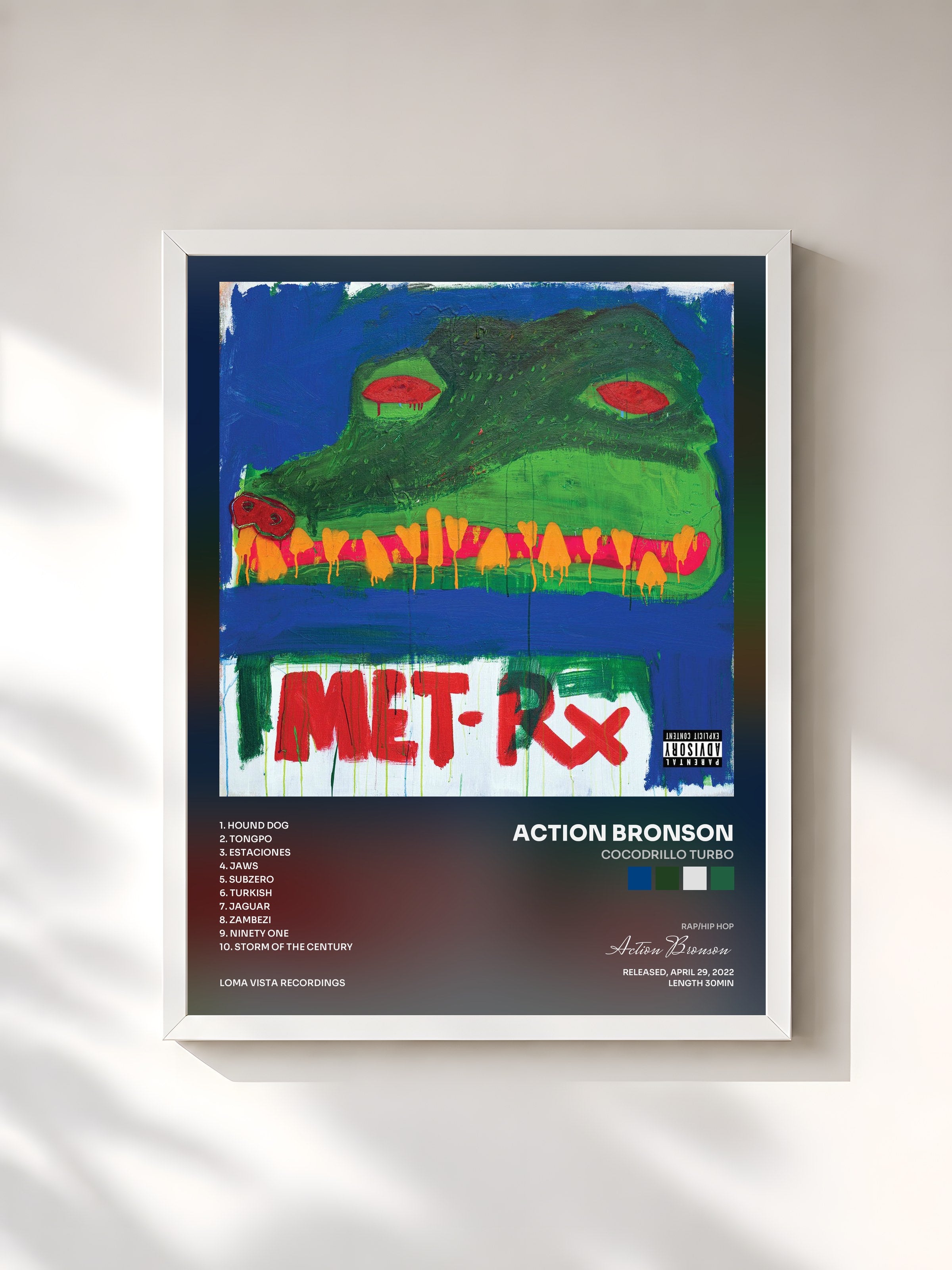 #blanc Tableau de l'album Cocodrillo Turbo de Action Bronson, cadre blanc, imprimé et encadré en France
