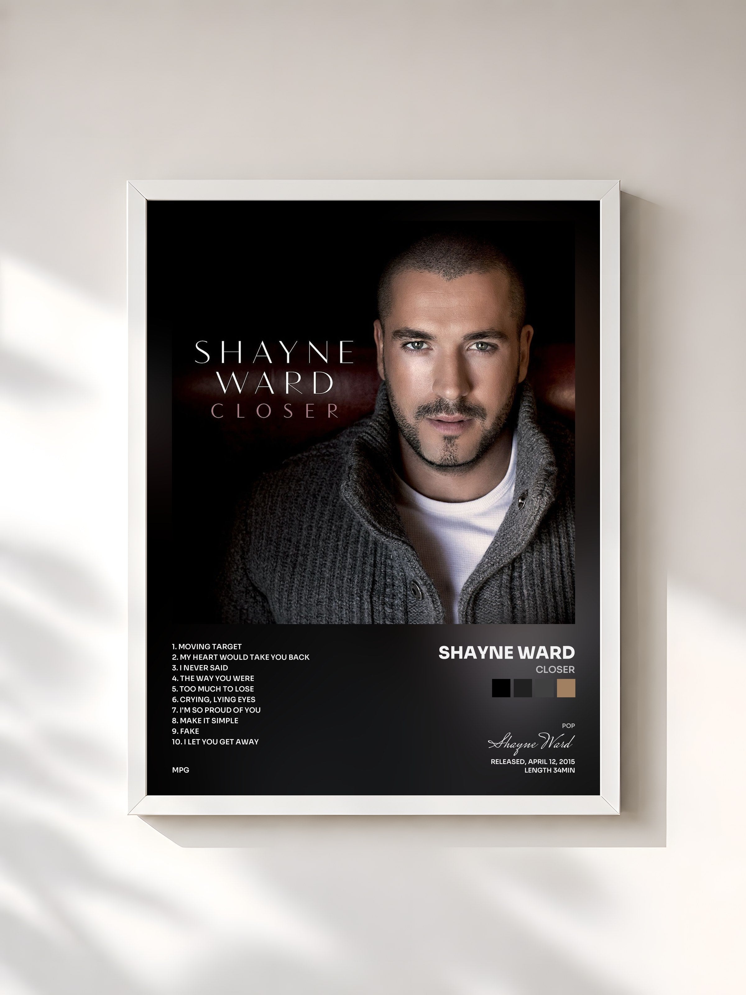 #blanc Tableau de l'album Closer de Shayne Ward, cadre blanc, imprimé et encadré en France