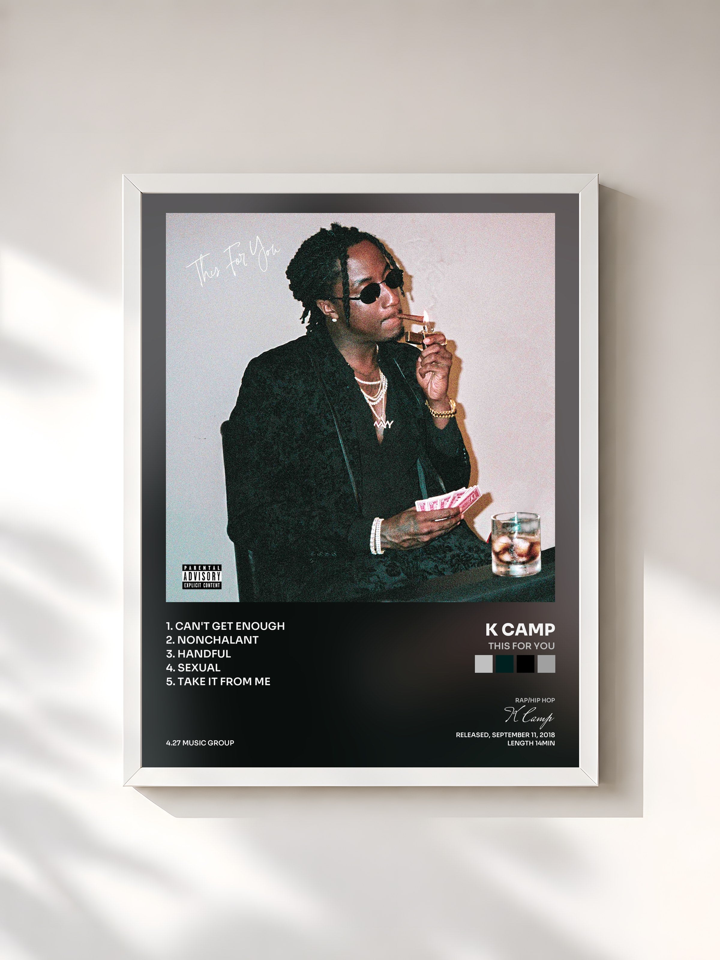 #blanc Tableau de l'album This For You de K Camp, cadre blanc, imprimé et encadré en France