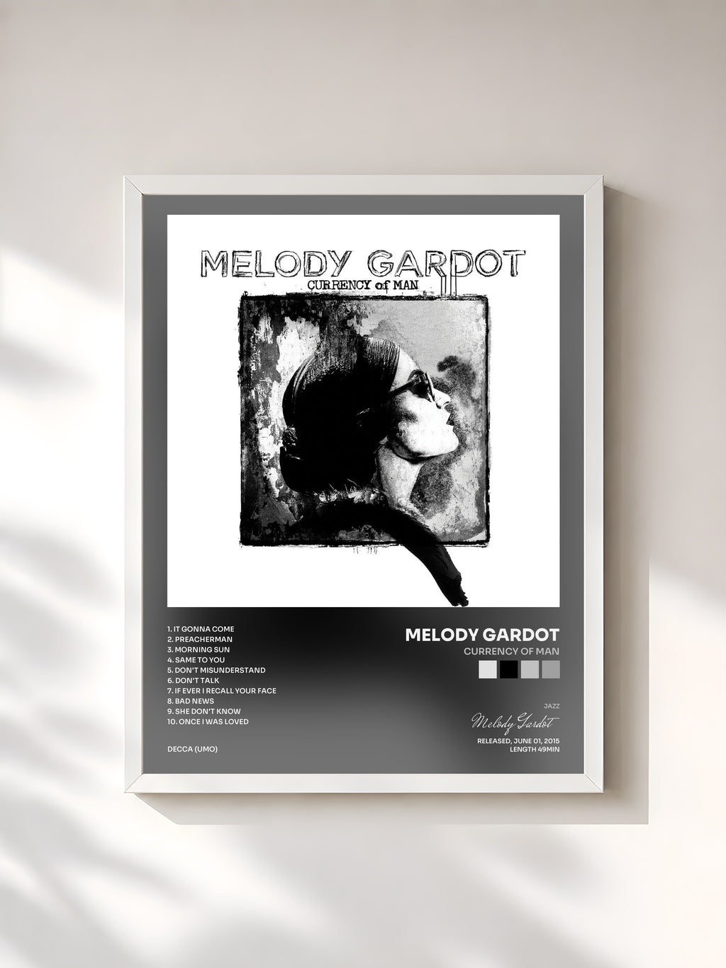#blanc Tableau de l'album Currency Of Man de Melody Gardot, cadre blanc, imprimé et encadré en France