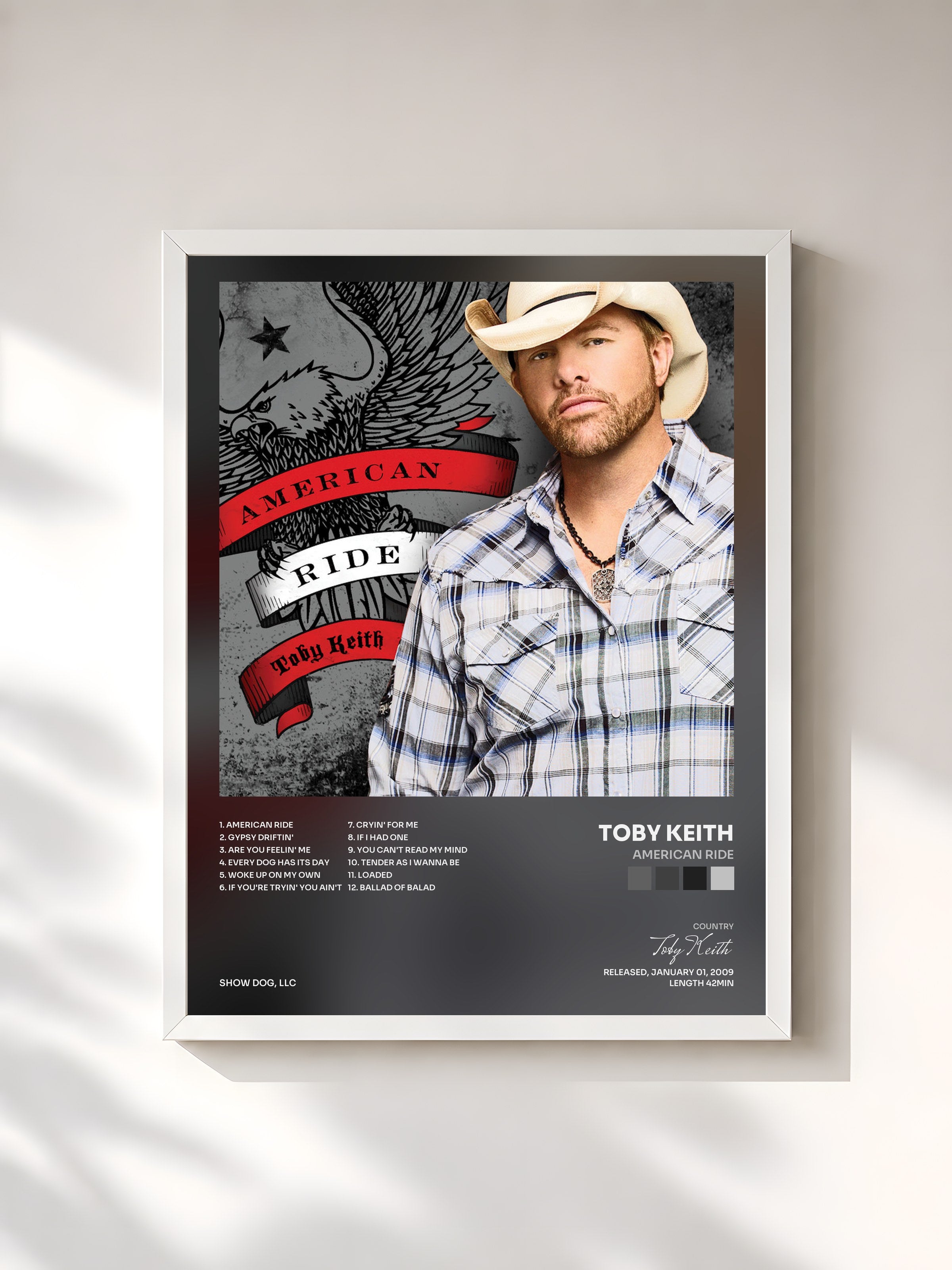 #blanc Tableau de l'album American Ride de Toby Keith, cadre blanc, imprimé et encadré en France