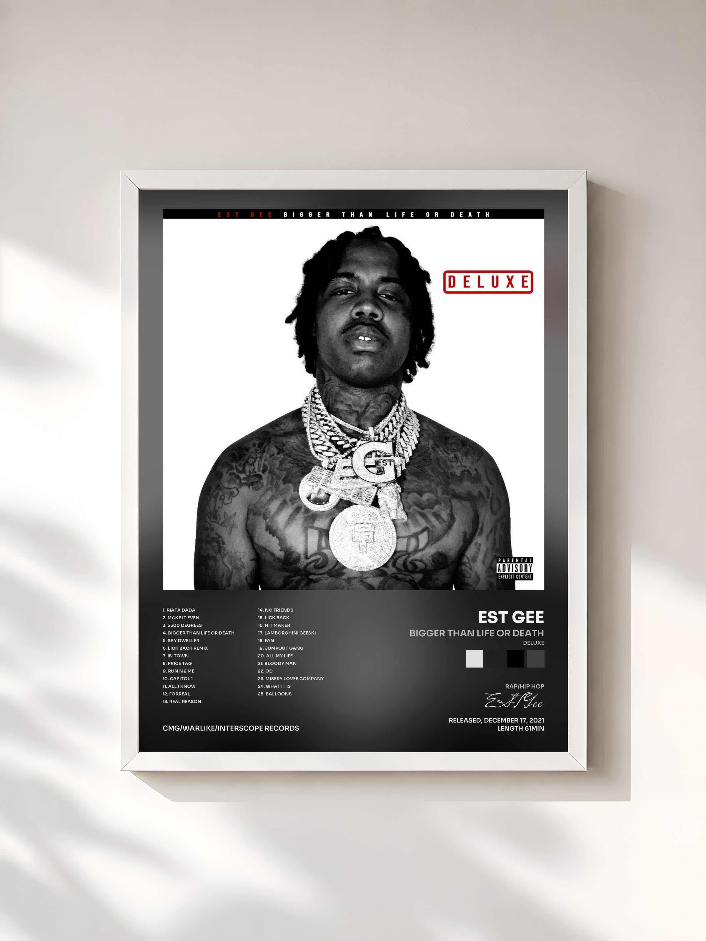 #blanc Tableau de l'album Bigger Than Life Or Death (Deluxe) de EST Gee, cadre blanc, imprimé et encadré en France