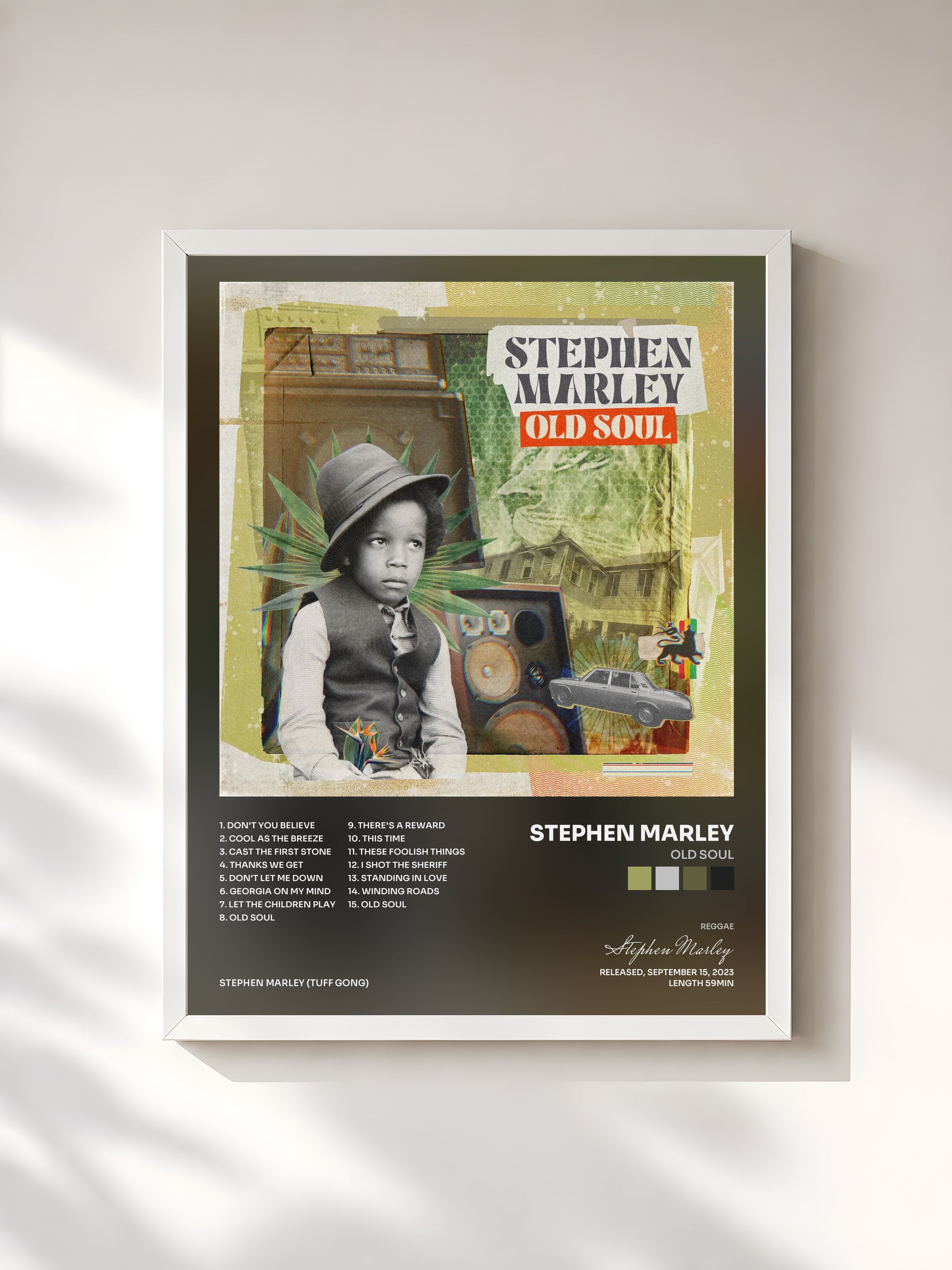 #blanc Tableau de l'album Old Soul de Stephen Marley, cadre blanc, imprimé et encadré en France