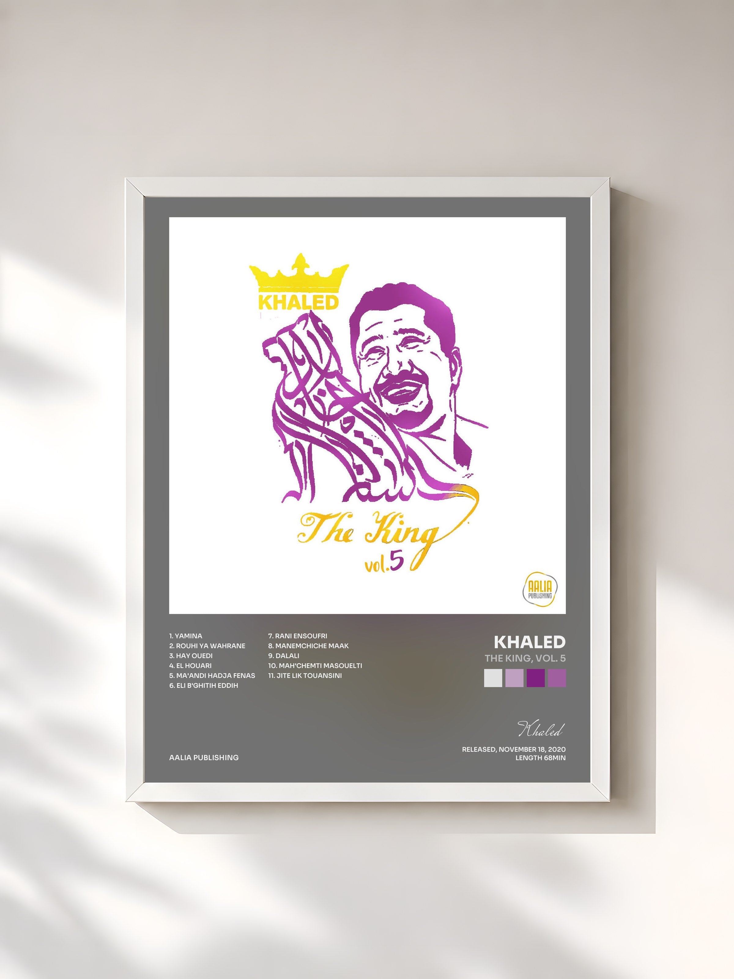 #blanc Tableau de l'album The King, Vol. 5 de Khaled, cadre blanc, imprimé et encadré en France
