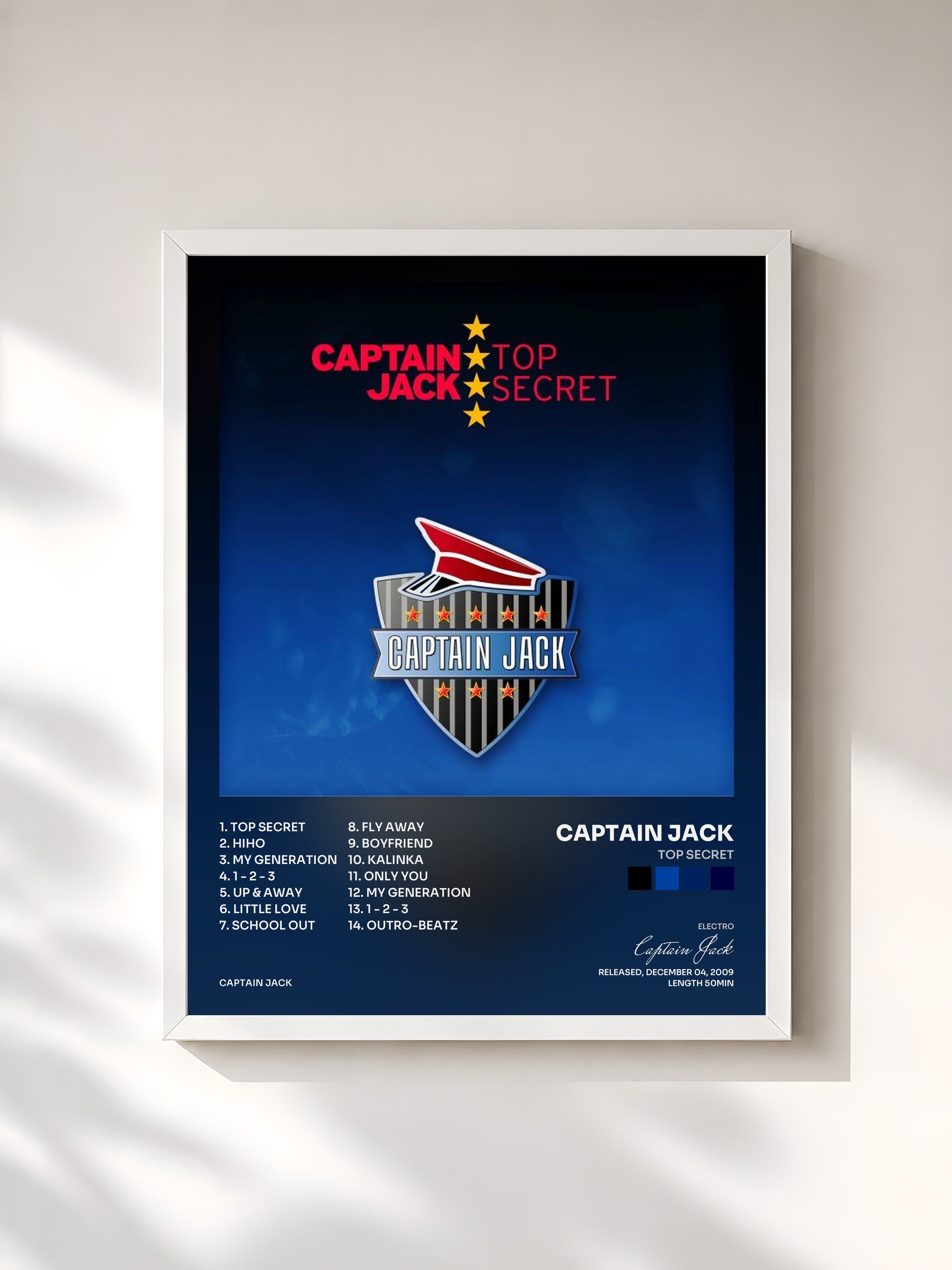 #blanc Tableau de l'album Top Secret de Captain Jack, cadre blanc, imprimé et encadré en France