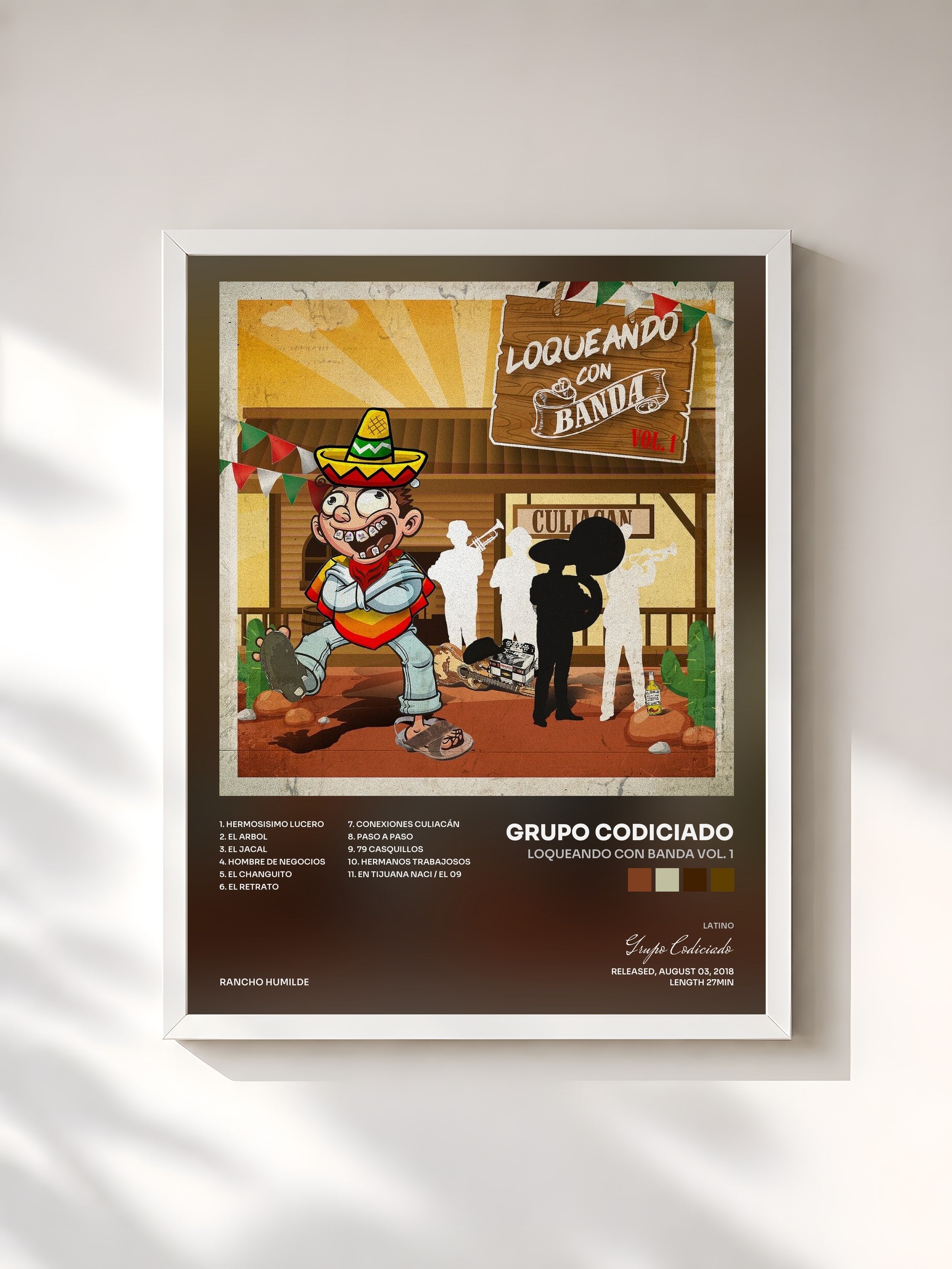 #blanc Tableau de l'album Loqueando Con Banda Vol. 1 de Grupo Codiciado, cadre blanc, imprimé et encadré en France
