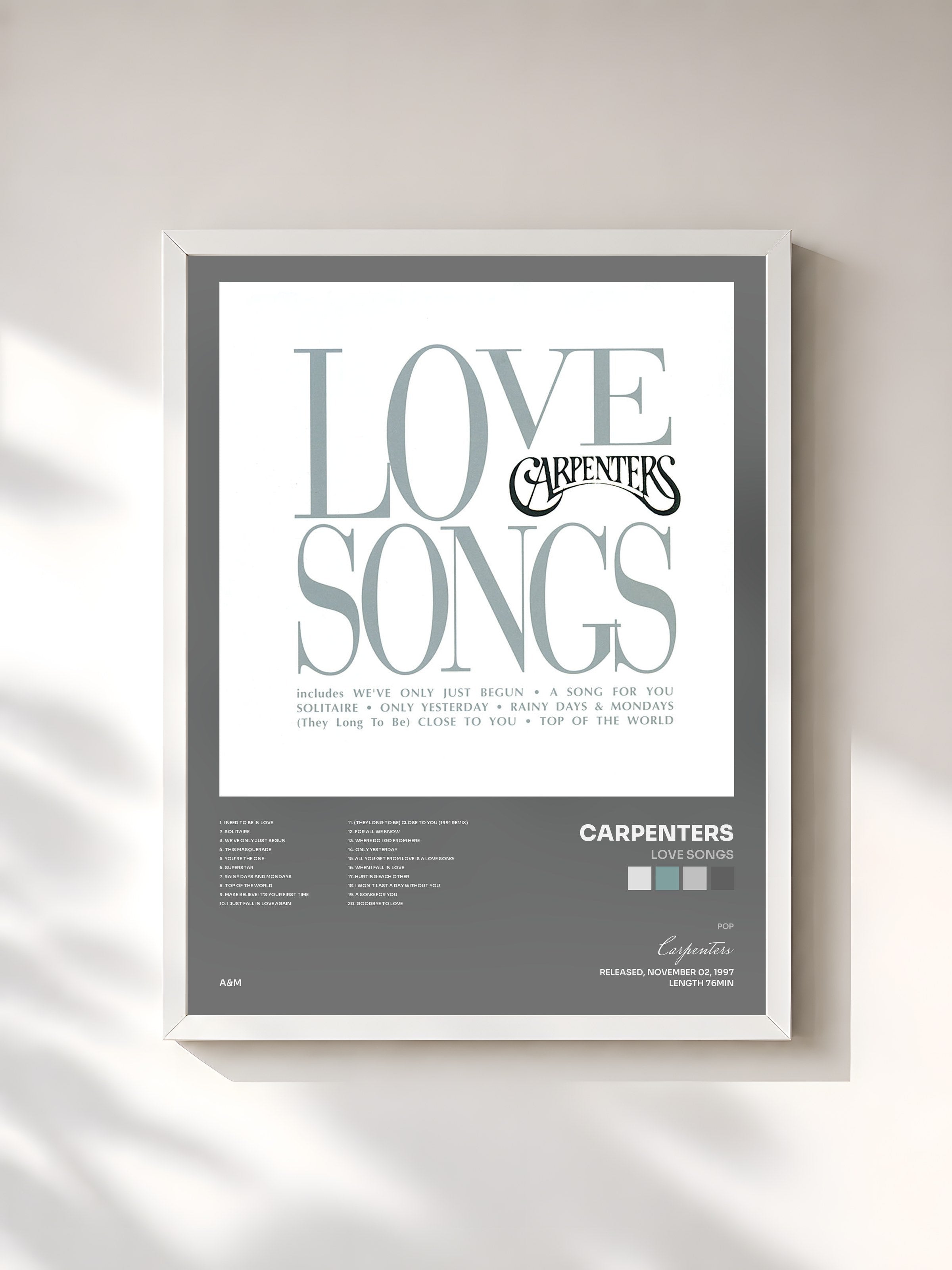 #blanc Tableau de l'album Love Songs de Carpenters, cadre blanc, imprimé et encadré en France