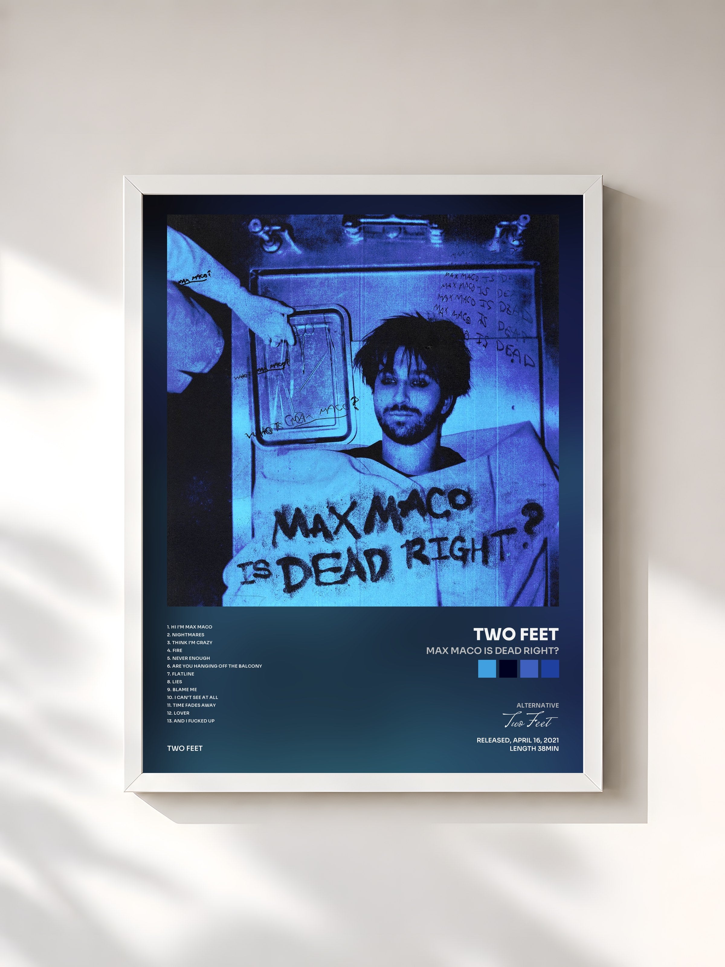 #blanc Tableau de l'album Max Maco Is Dead Right? de Two Feet, cadre blanc, imprimé et encadré en France