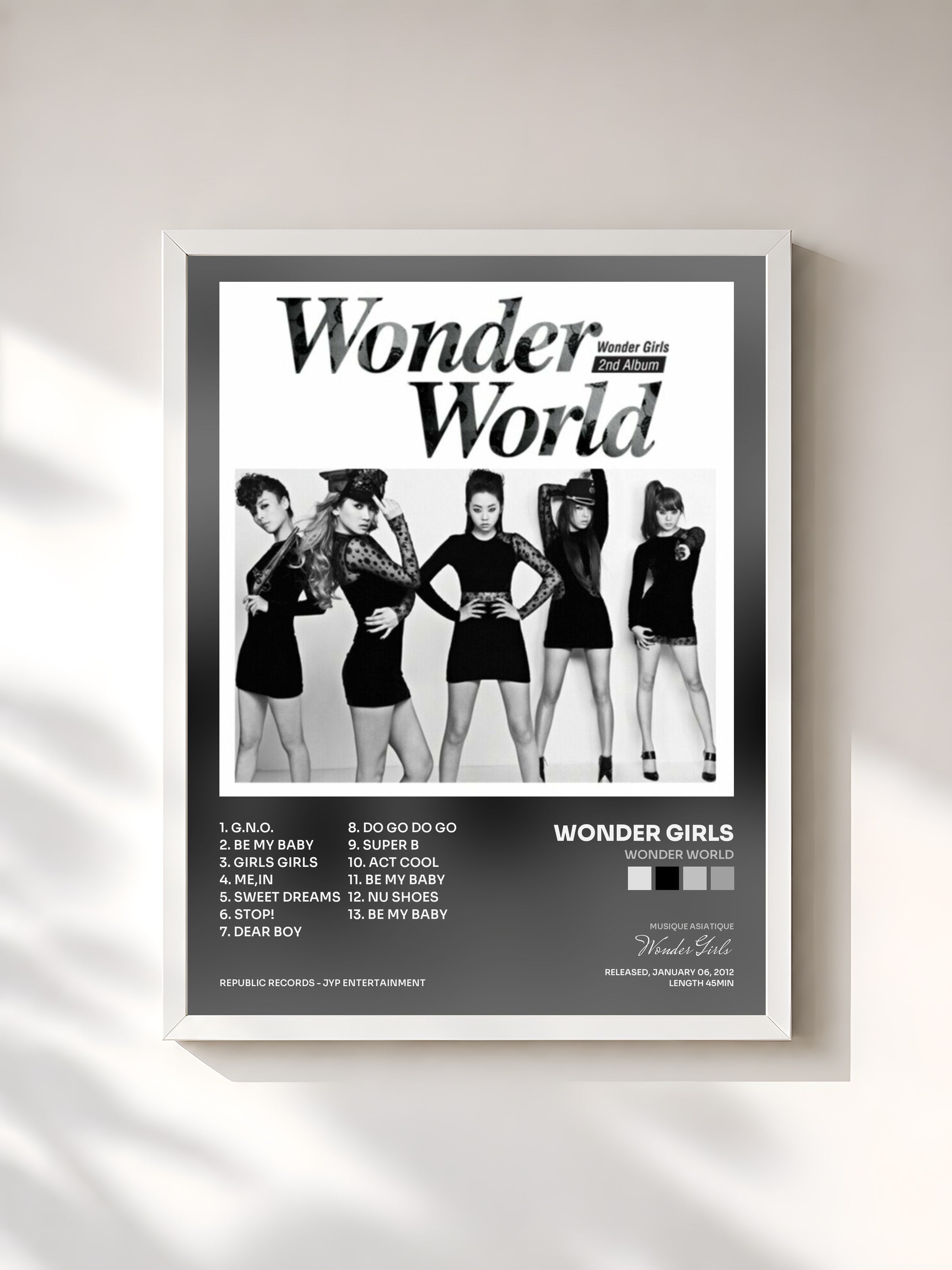 #blanc Tableau de l'album Wonder World de Wonder Girls, cadre blanc, imprimé et encadré en France