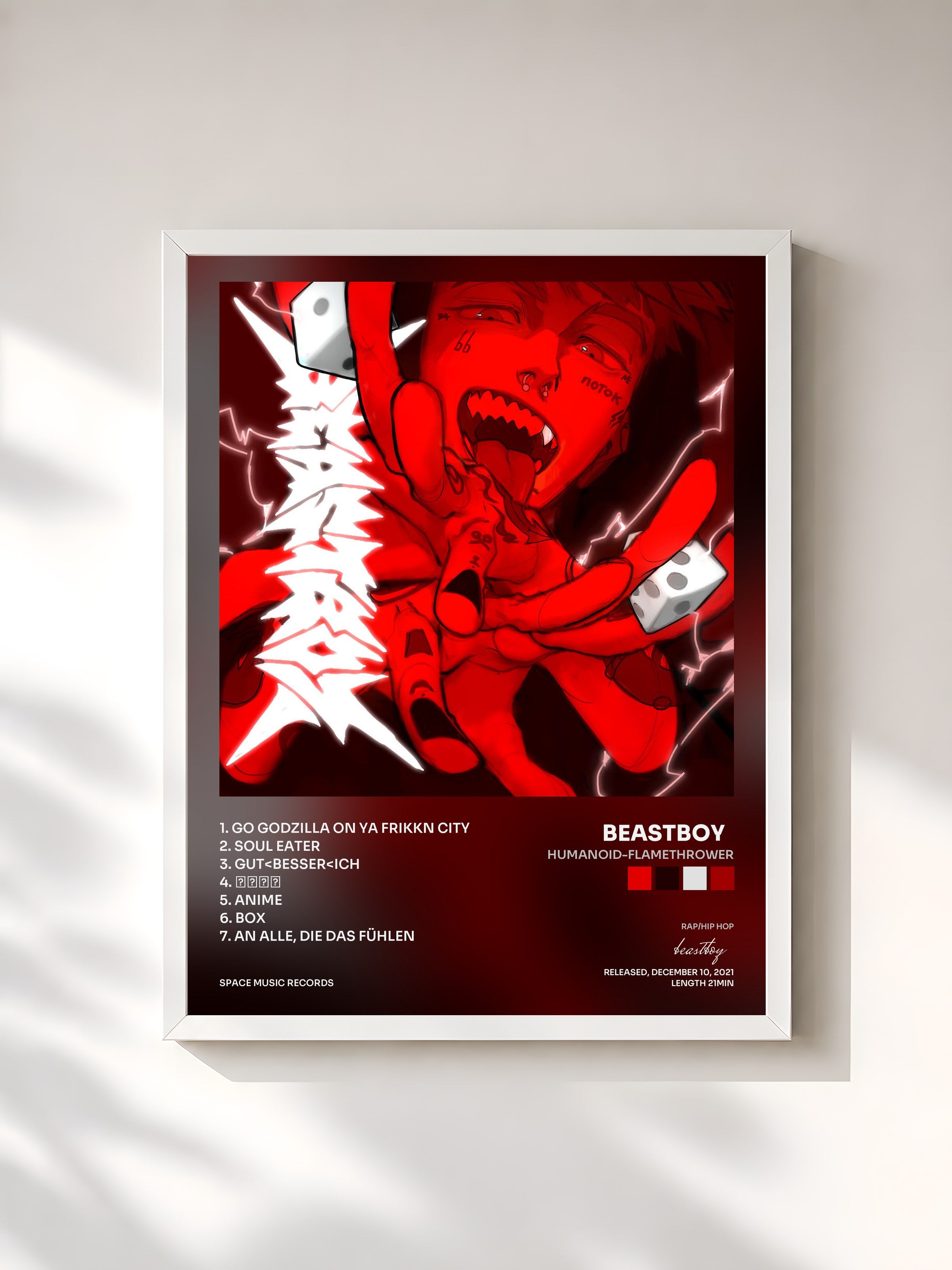 #blanc Tableau de l'album HUMANOID-FLAMETHROWER de beastboy  , cadre blanc, imprimé et encadré en France