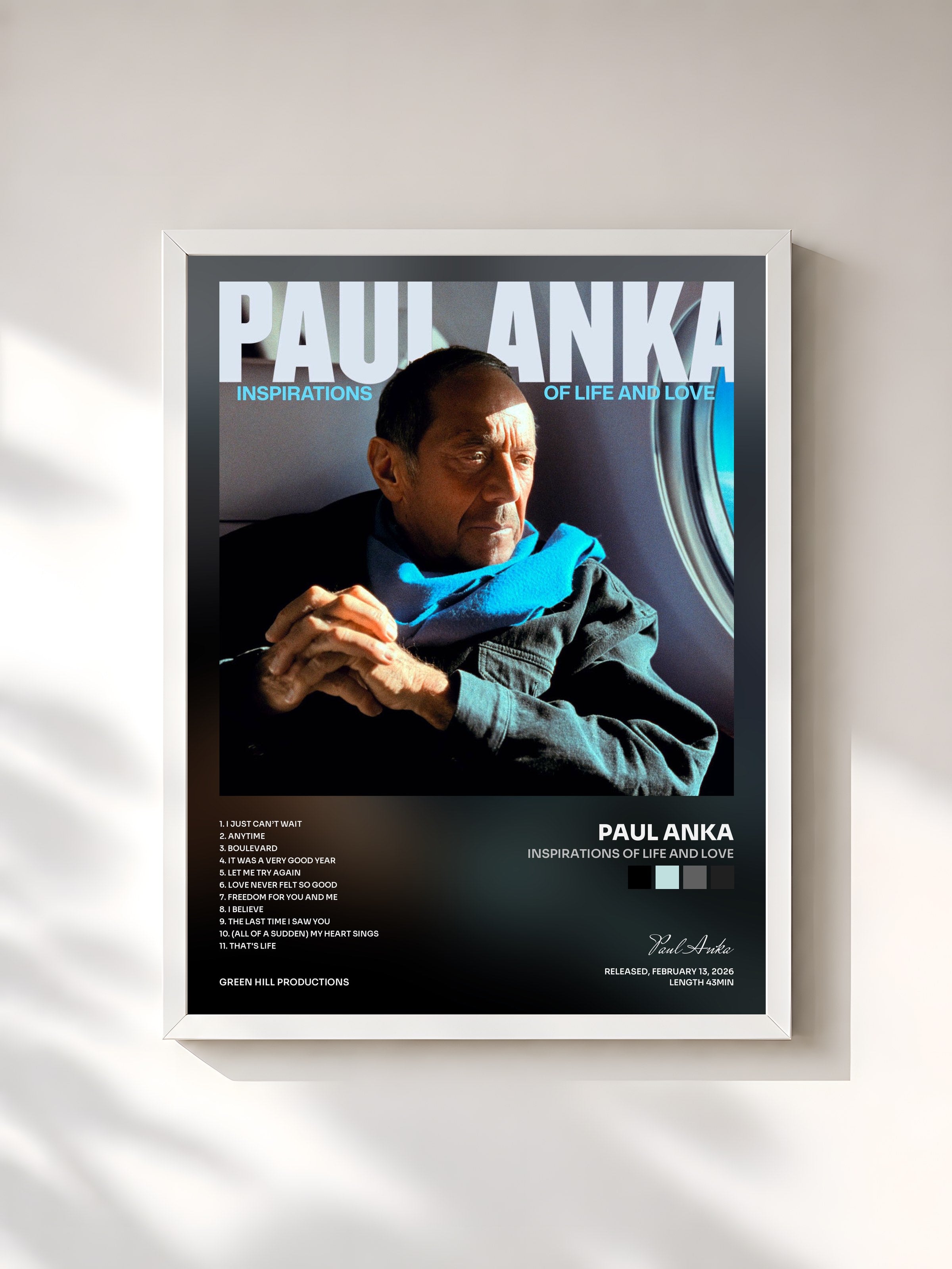 #blanc Tableau de l'album Inspirations of Life and Love de Paul Anka, cadre blanc, imprimé et encadré en France
