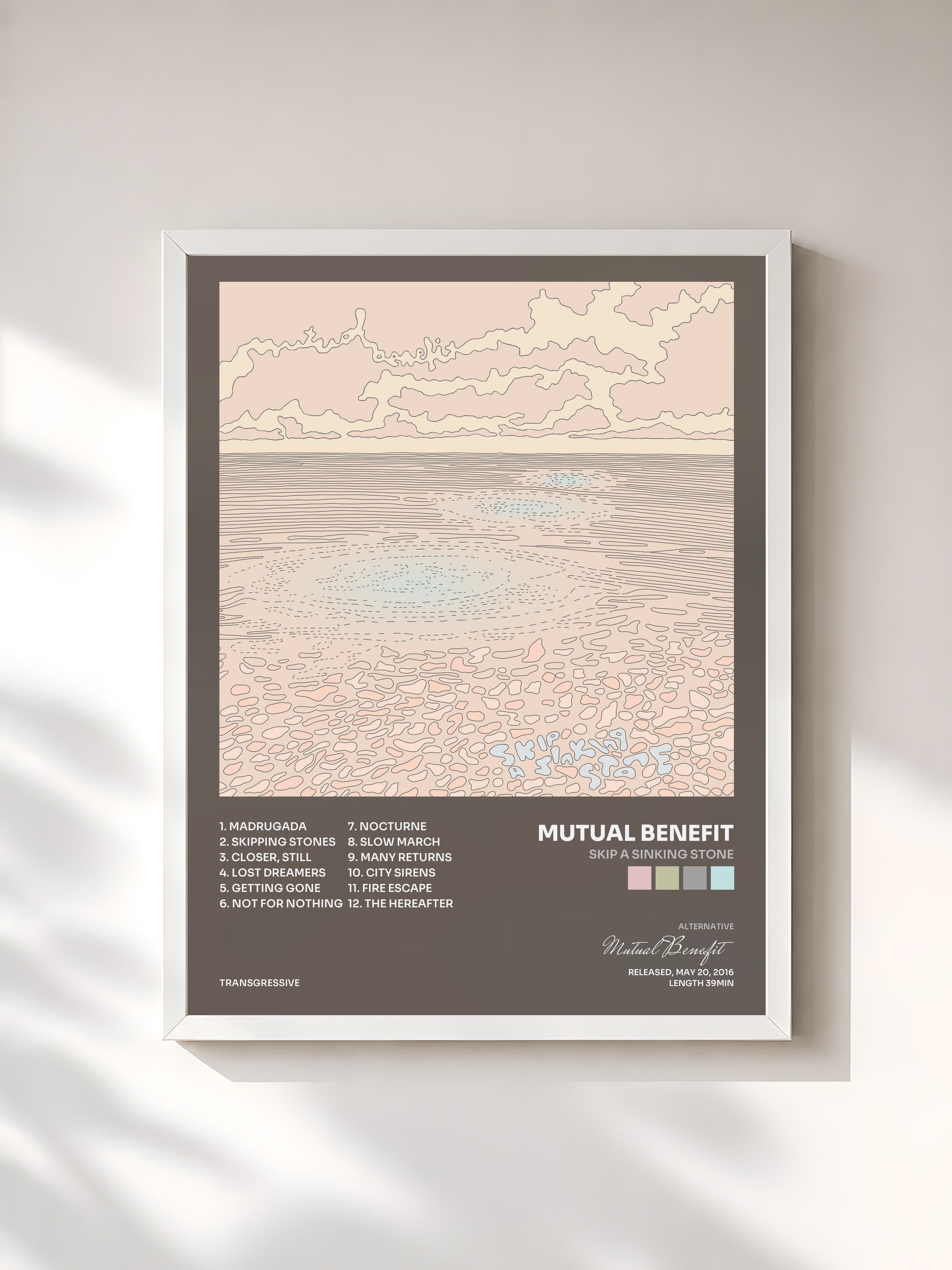 #blanc Tableau de l'album Skip A Sinking Stone de Mutual Benefit, cadre blanc, imprimé et encadré en France