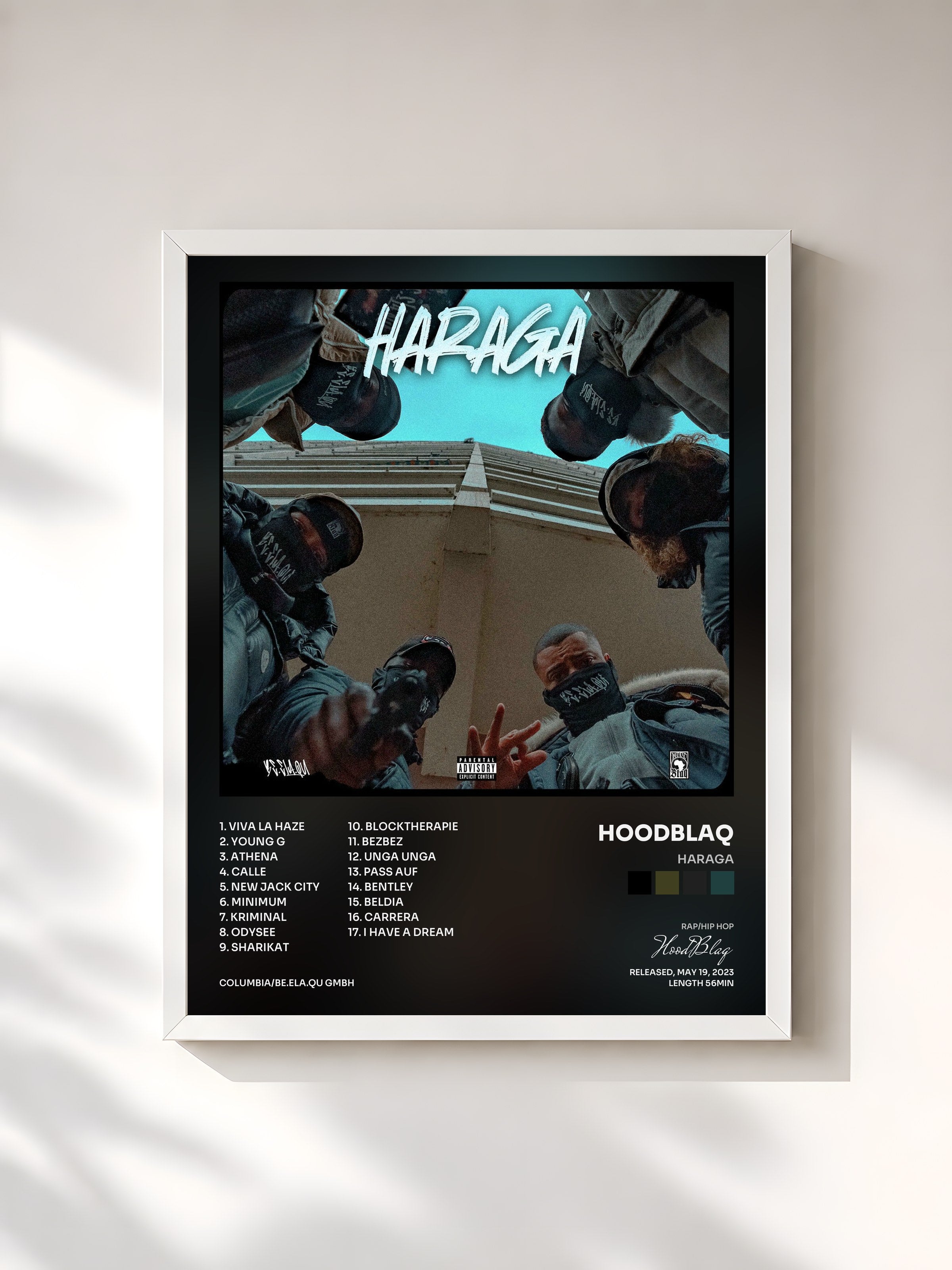 #blanc Tableau de l'album HARAGA de HoodBlaq, cadre blanc, imprimé et encadré en France