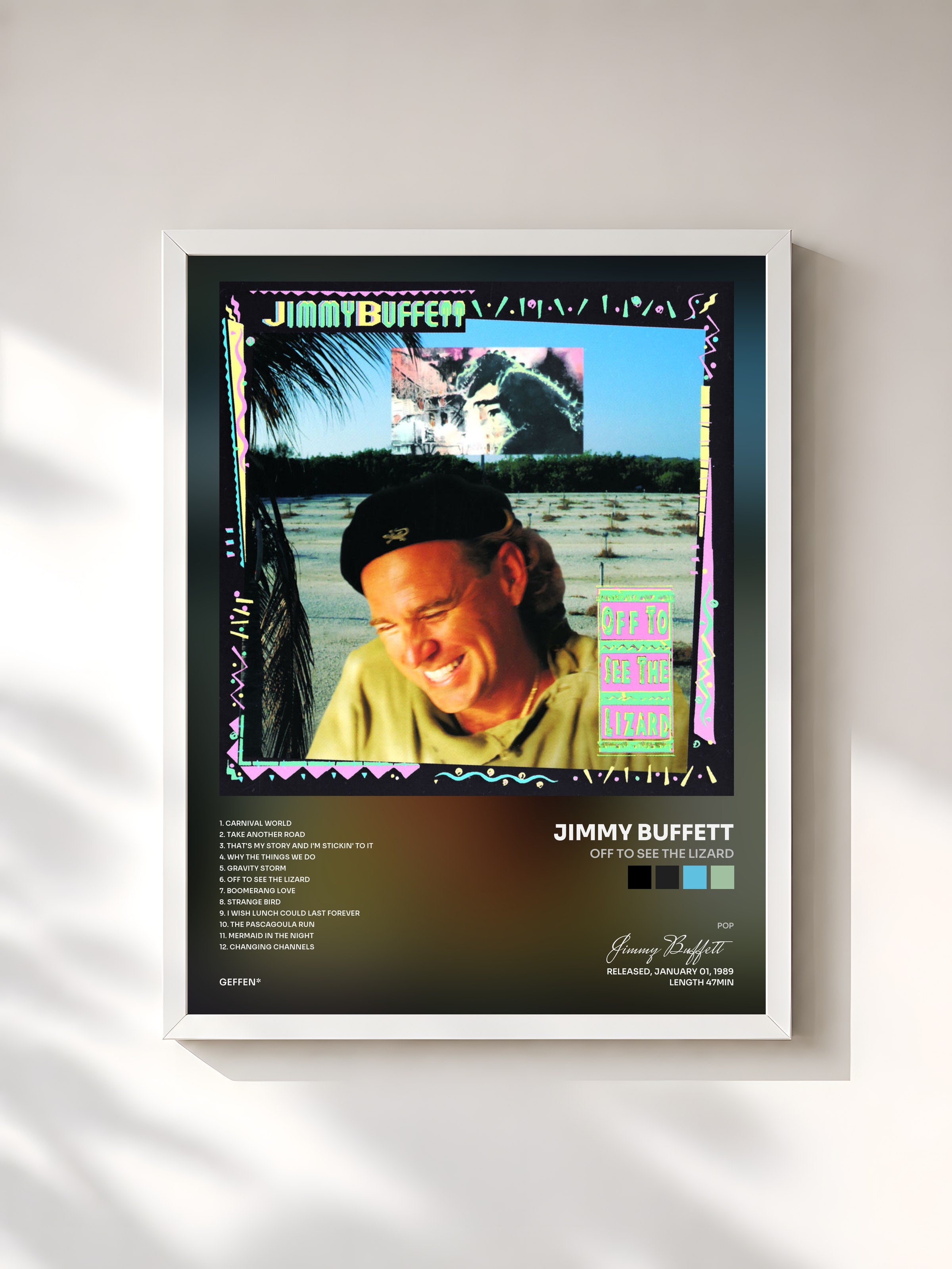 #blanc Tableau de l'album Off To See The Lizard de Jimmy Buffett, cadre blanc, imprimé et encadré en France