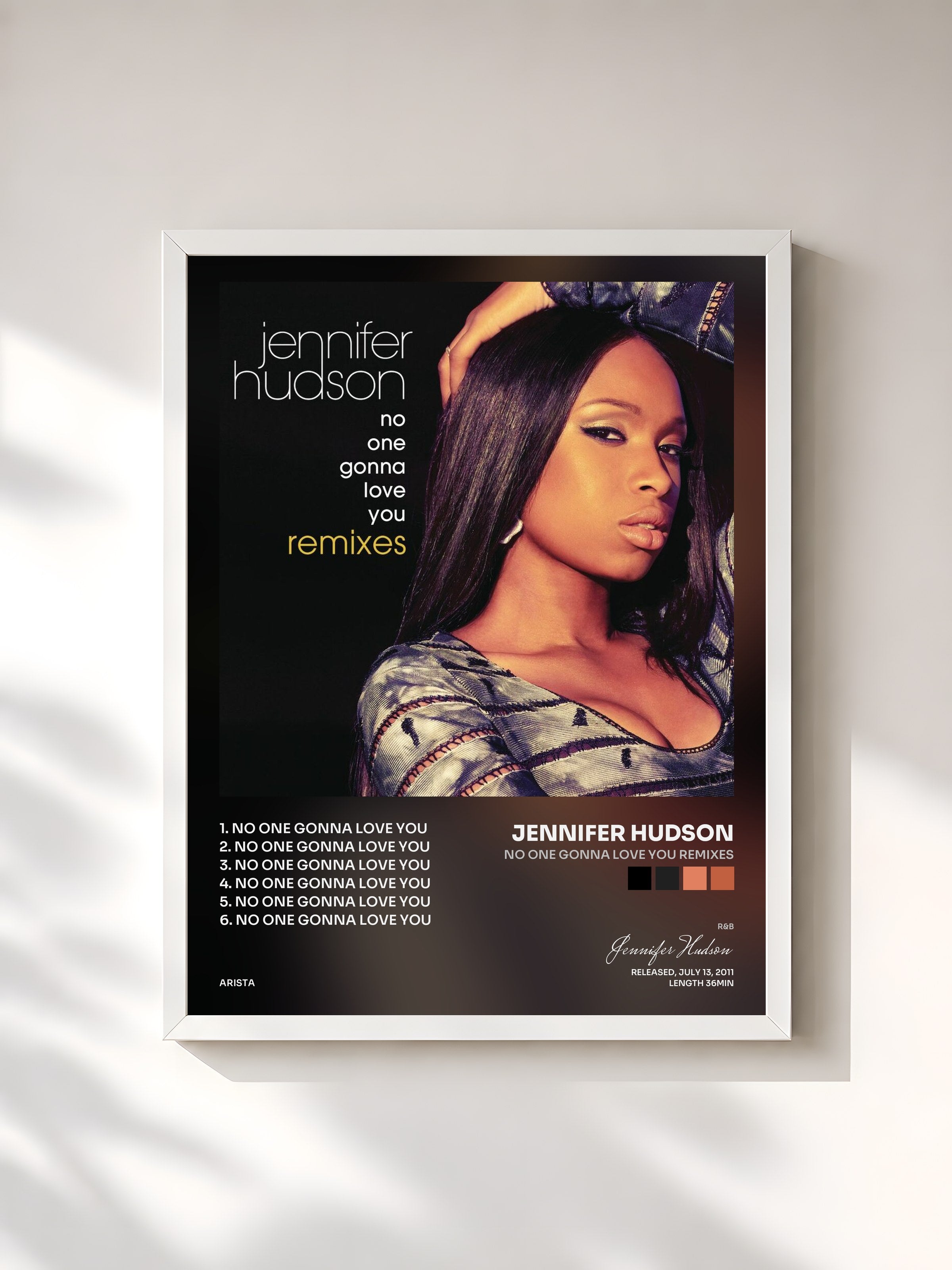 #blanc Tableau de l'album No One Gonna Love You Remixes de Jennifer Hudson, cadre blanc, imprimé et encadré en France