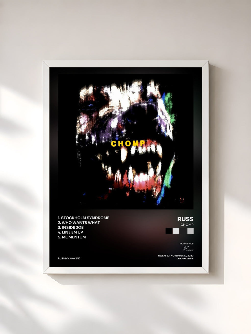 #blanc Tableau de l'album CHOMP de Russ, cadre blanc, imprimé et encadré en France
