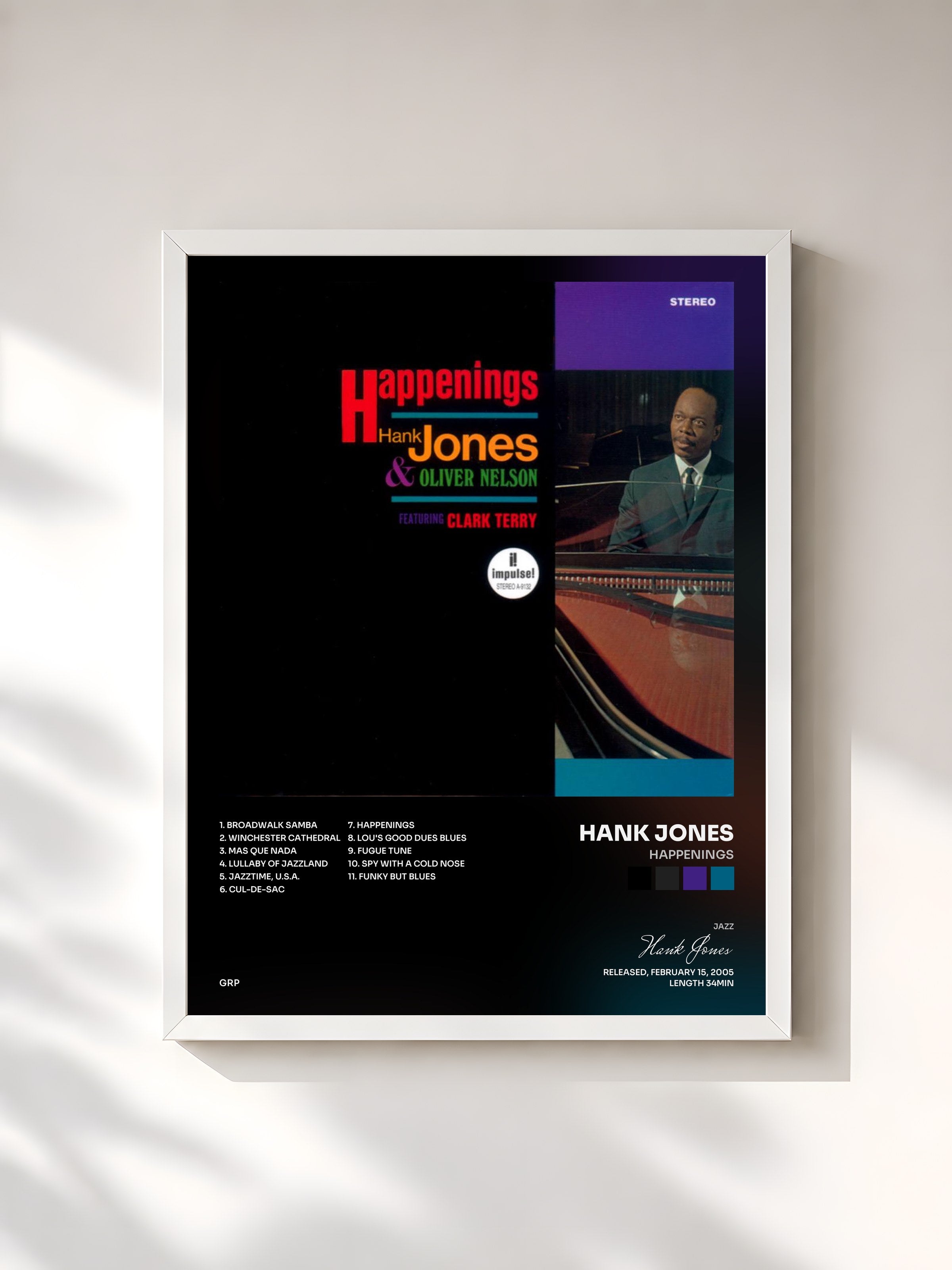 #blanc Tableau de l'album Happenings de Hank Jones, cadre blanc, imprimé et encadré en France