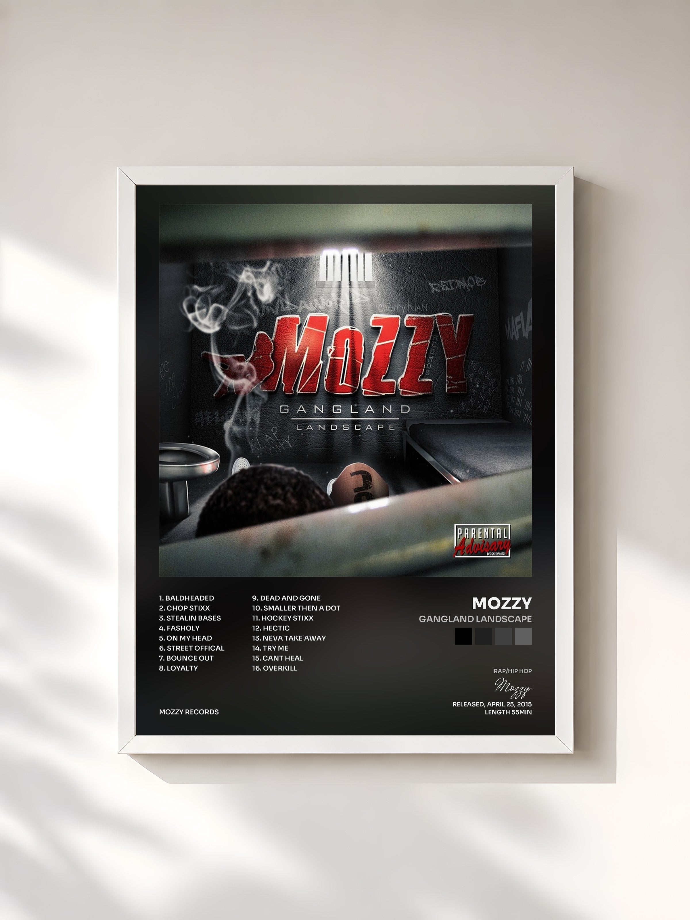 #blanc Tableau de l'album Gangland Landscape de Mozzy, cadre blanc, imprimé et encadré en France