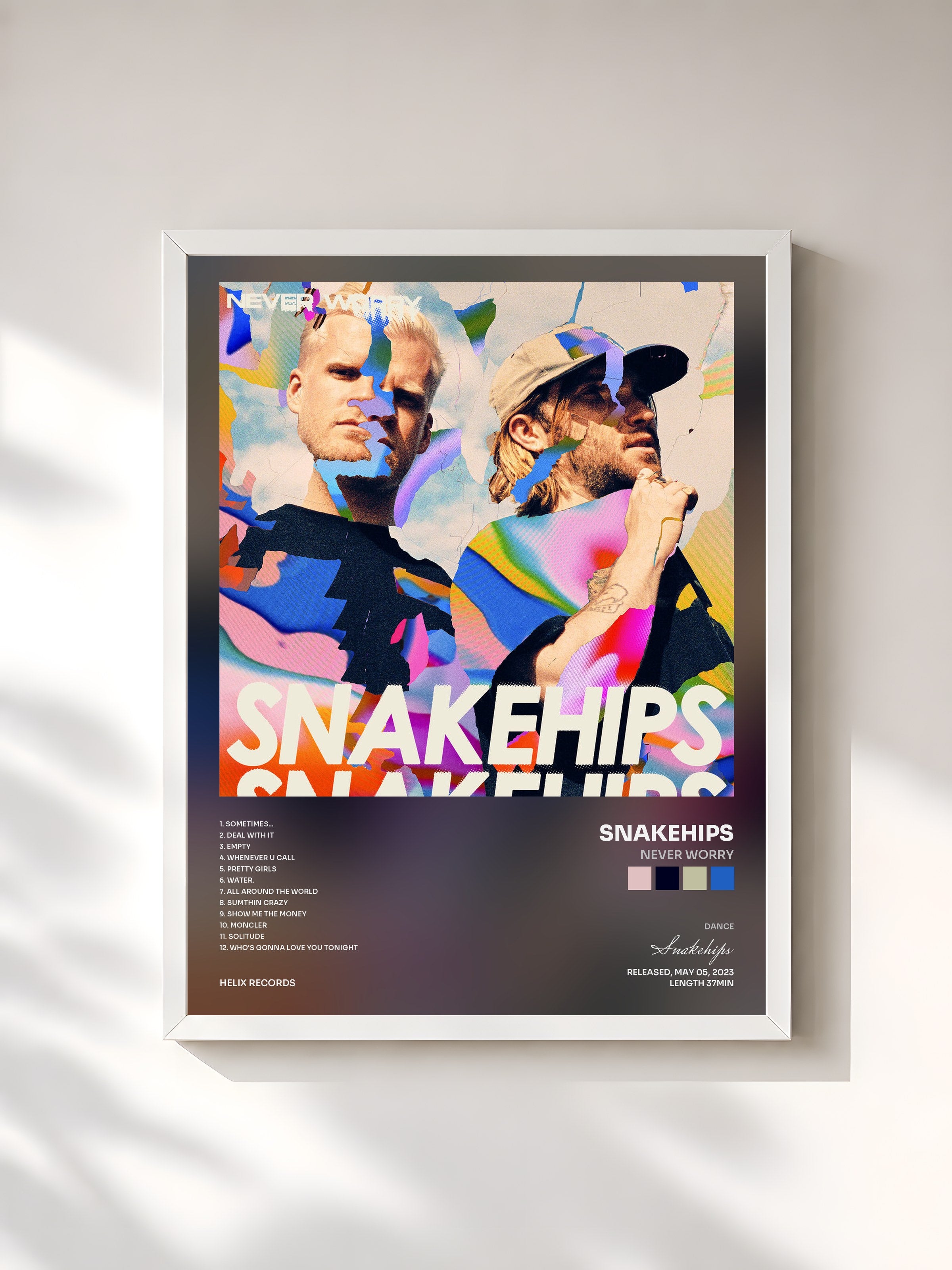 #blanc Tableau de l'album never worry de Snakehips, cadre blanc, imprimé et encadré en France