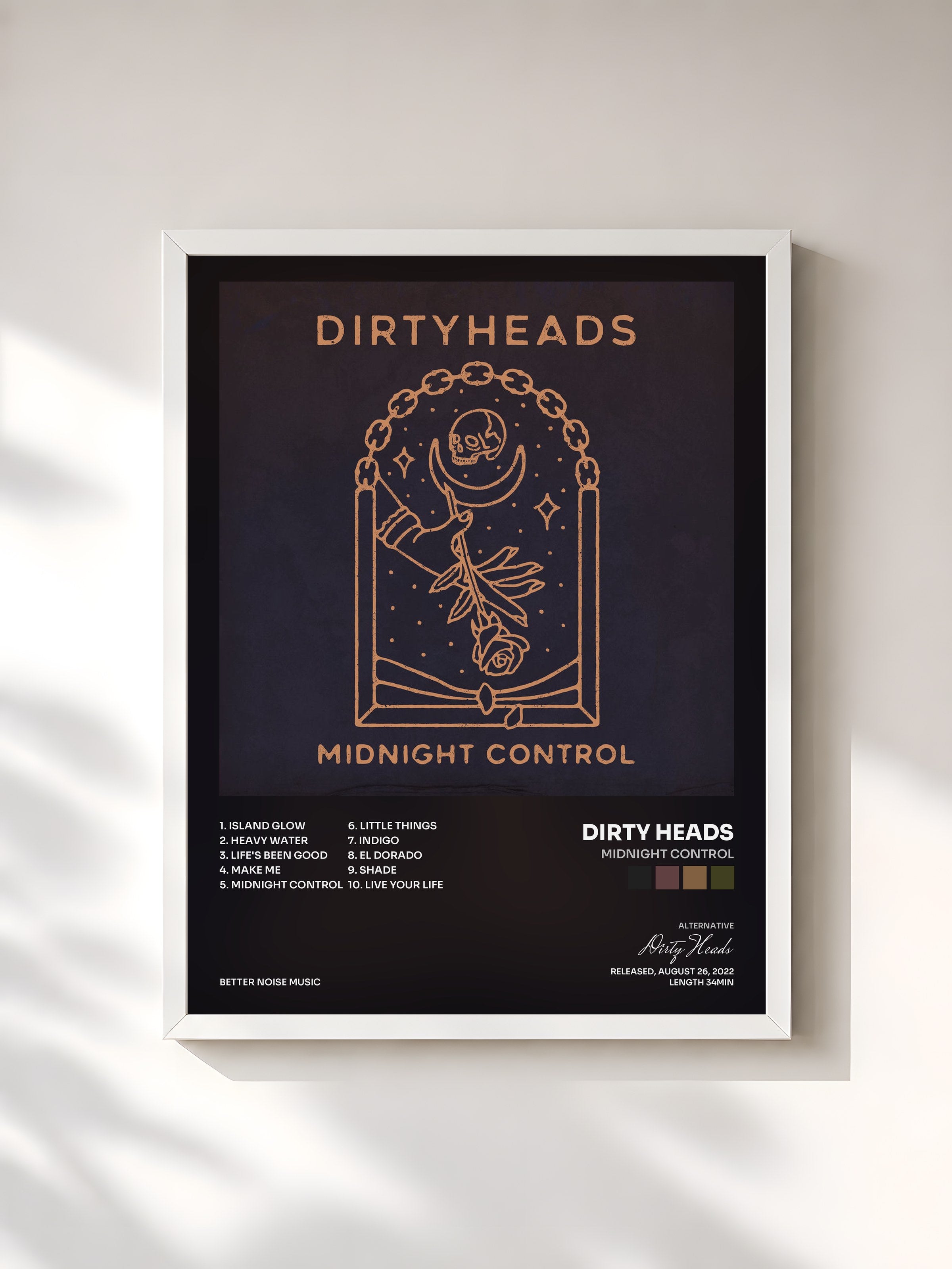 #blanc Tableau de l'album Midnight Control de Dirty Heads, cadre blanc, imprimé et encadré en France