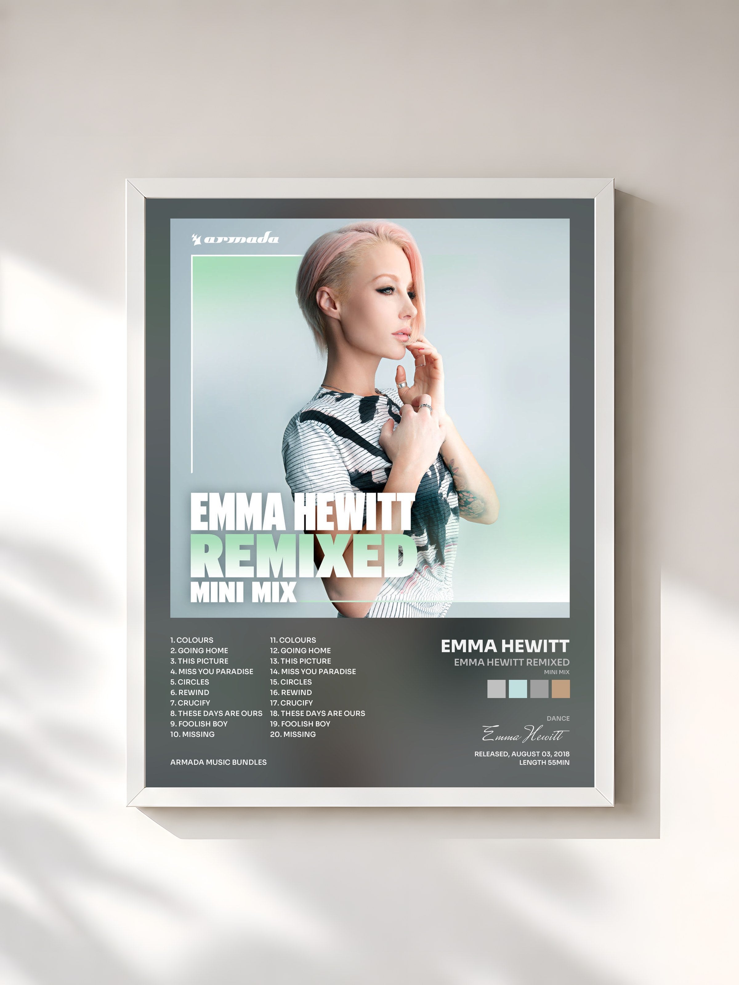 #blanc Tableau de l'album Emma Hewitt Remixed (Mini Mix) de Emma Hewitt, cadre blanc, imprimé et encadré en France