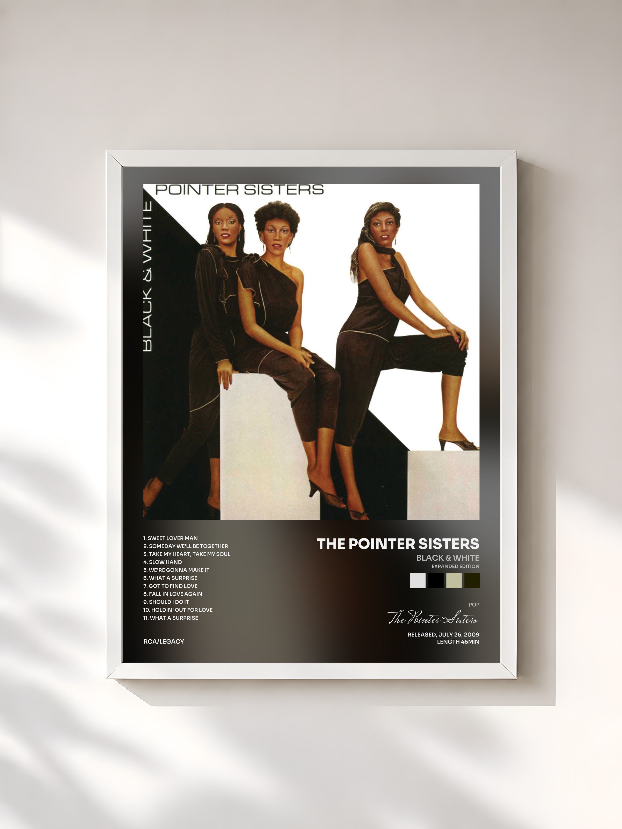 #blanc Tableau de l'album Black & White (Expanded Edition) de The Pointer Sisters, cadre blanc, imprimé et encadré en France