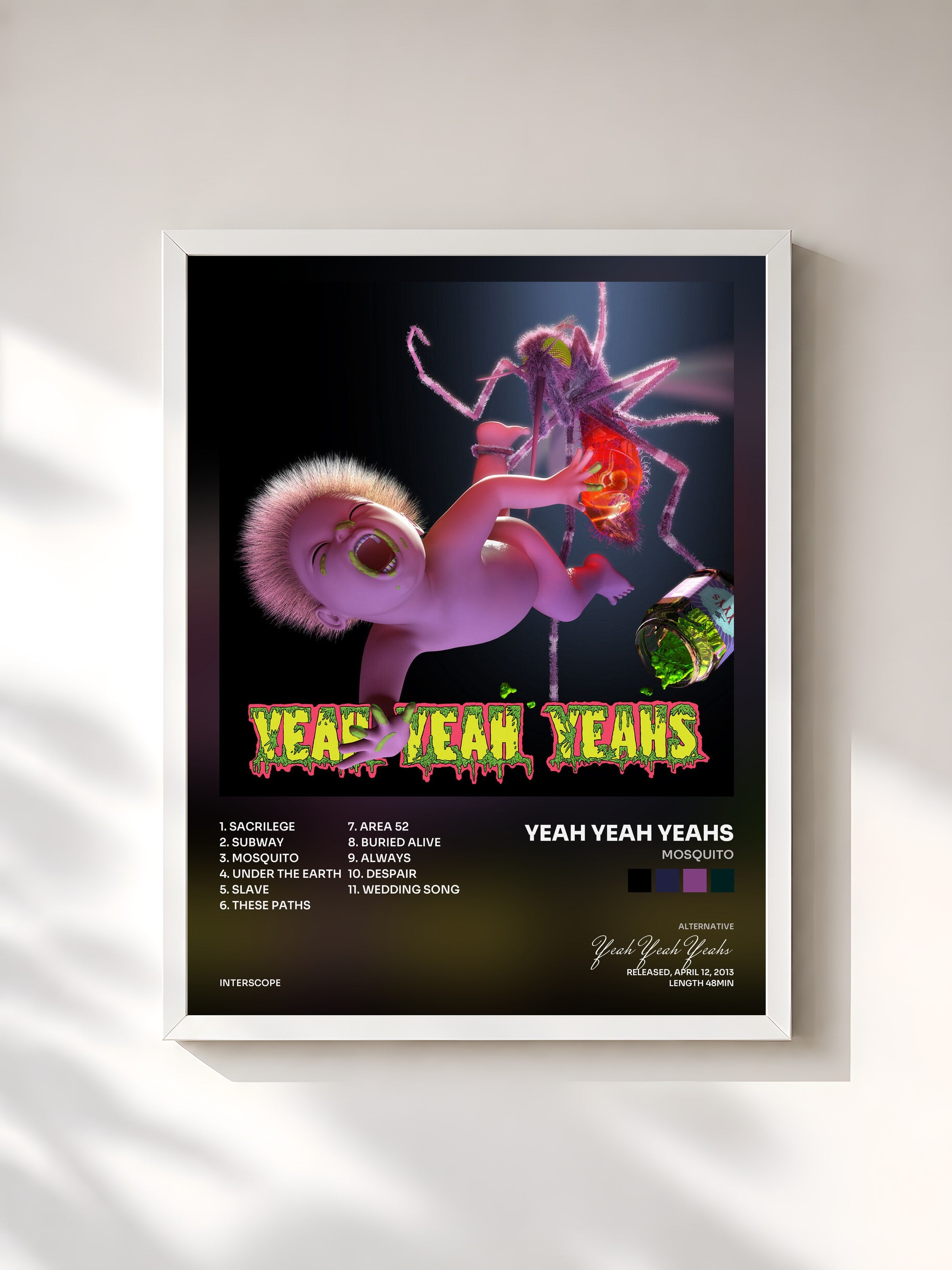 #blanc Tableau de l'album Mosquito de Yeah Yeah Yeahs, cadre blanc, imprimé et encadré en France