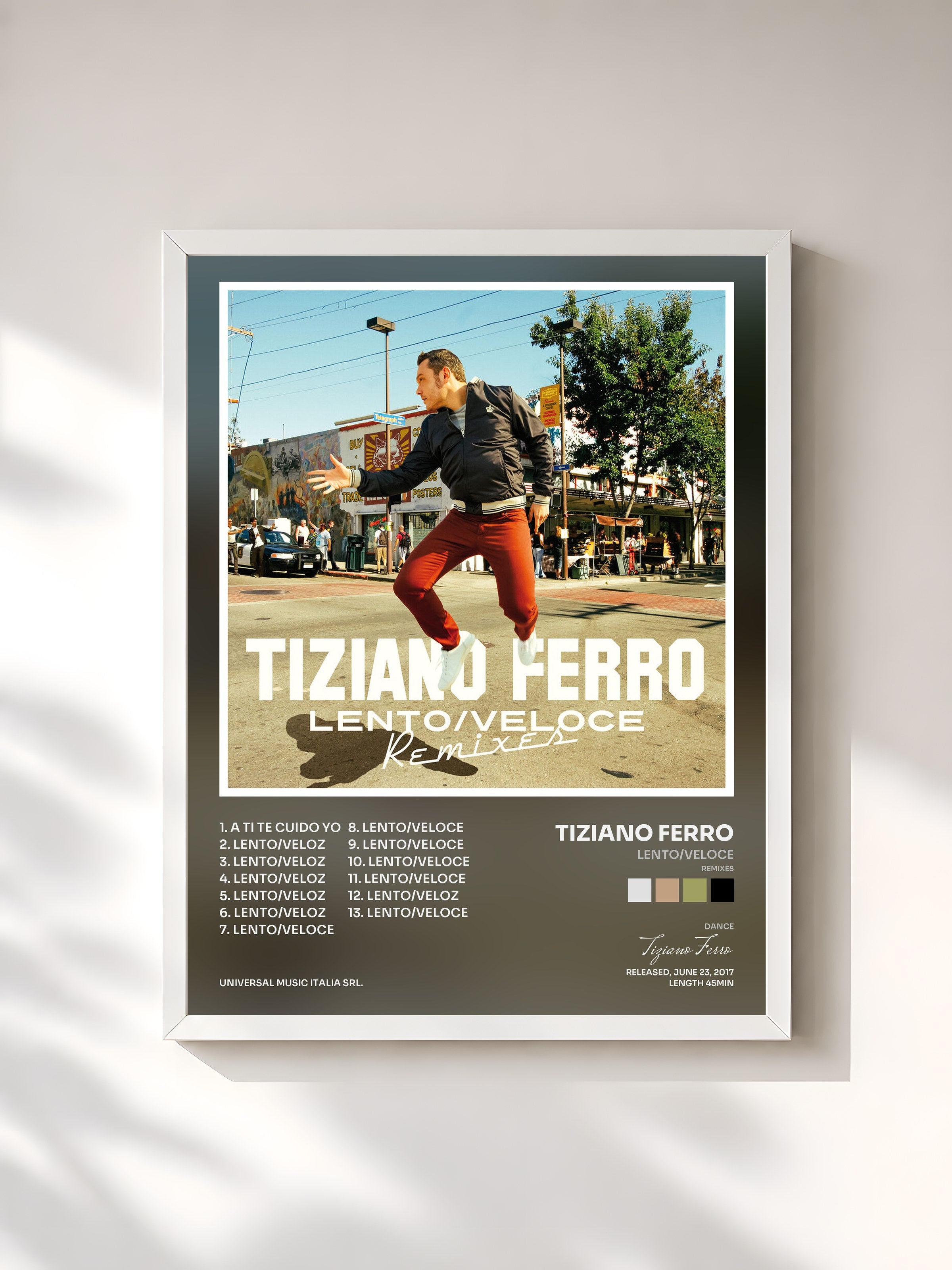 #blanc Tableau de l'album Lento/Veloce (Remixes) de Tiziano Ferro, cadre blanc, imprimé et encadré en France