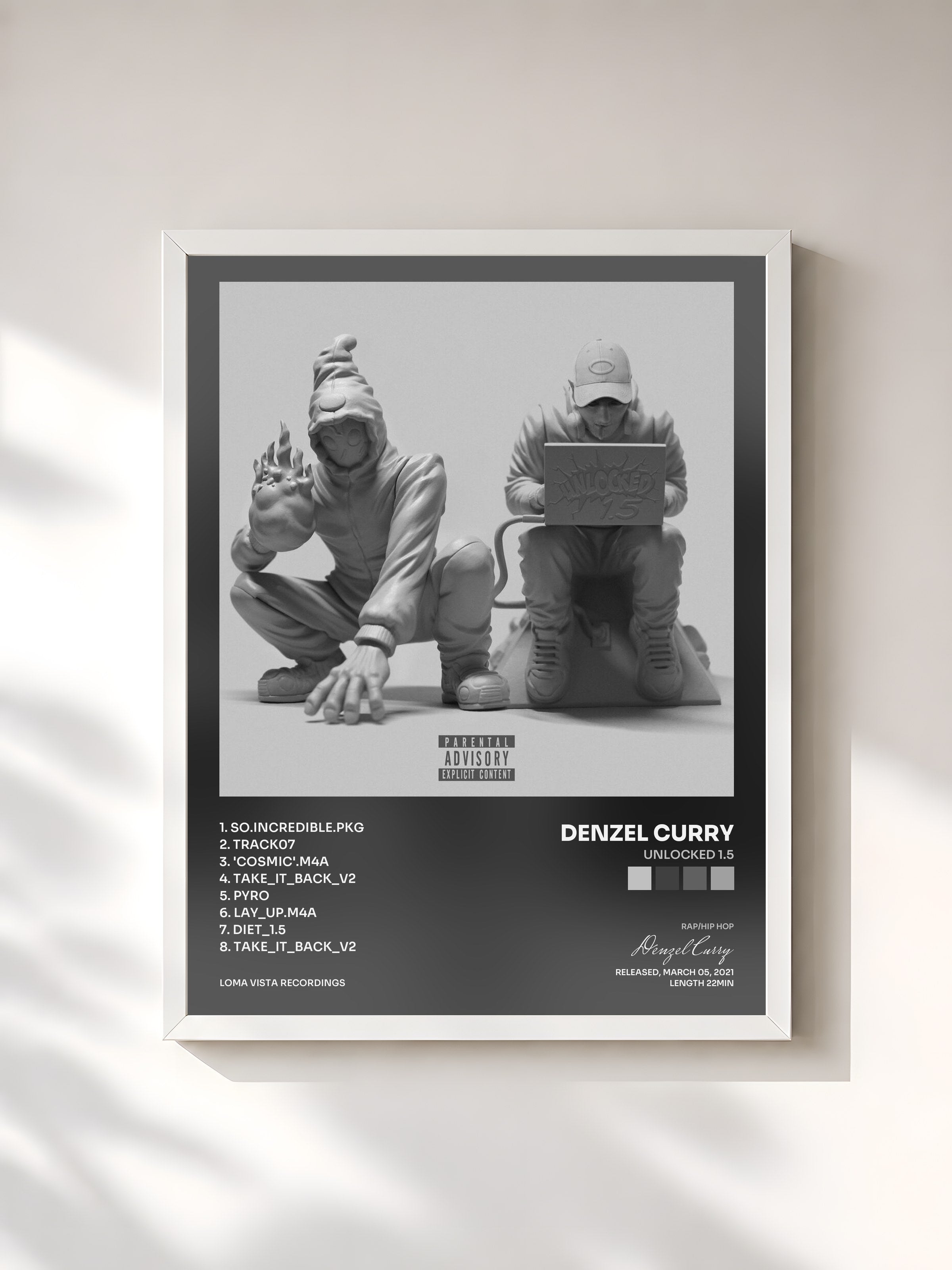 #blanc Tableau de l'album UNLOCKED 1.5 de Denzel Curry, cadre blanc, imprimé et encadré en France