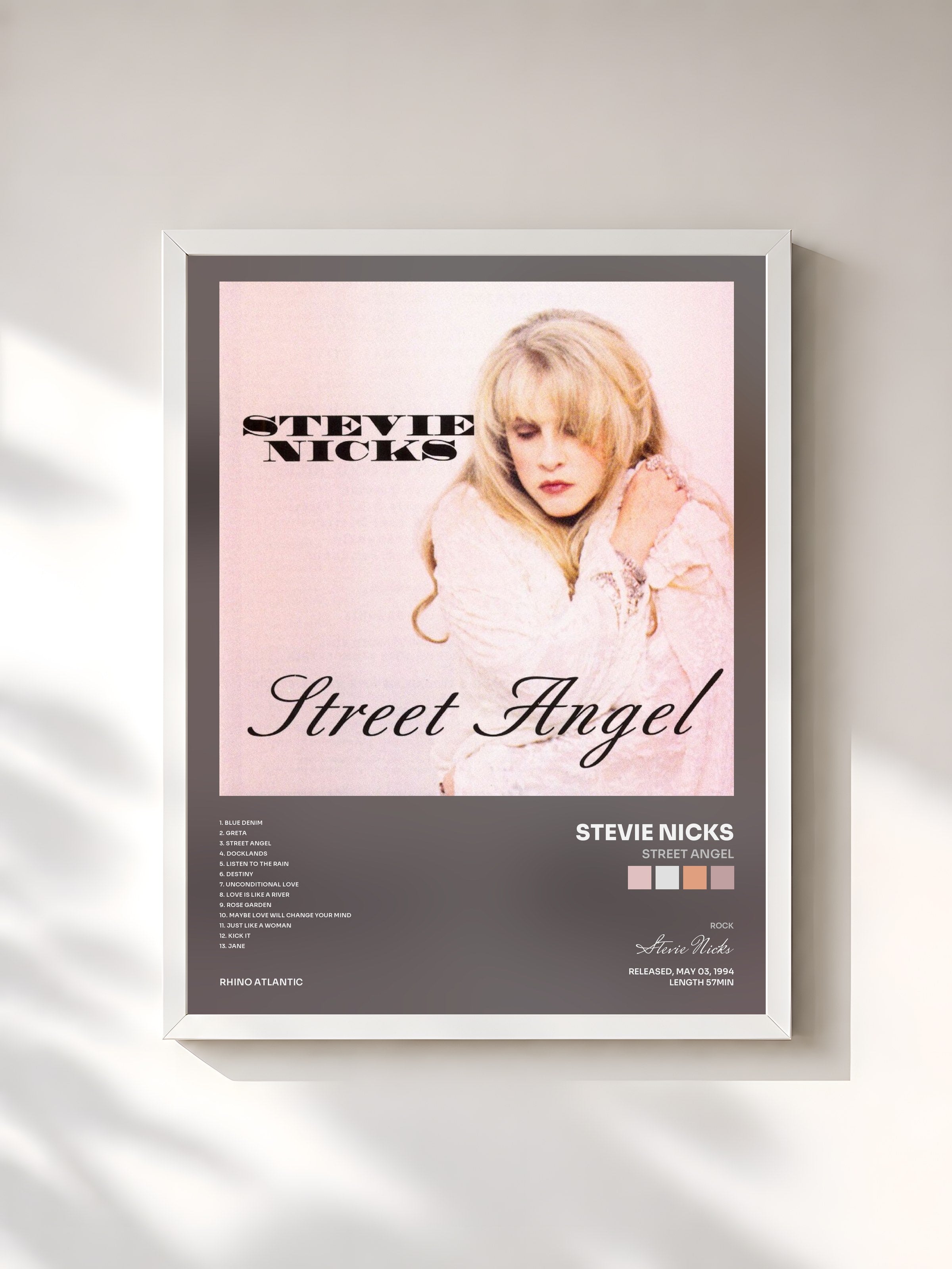 #blanc Tableau de l'album Street Angel de Stevie Nicks, cadre blanc, imprimé et encadré en France