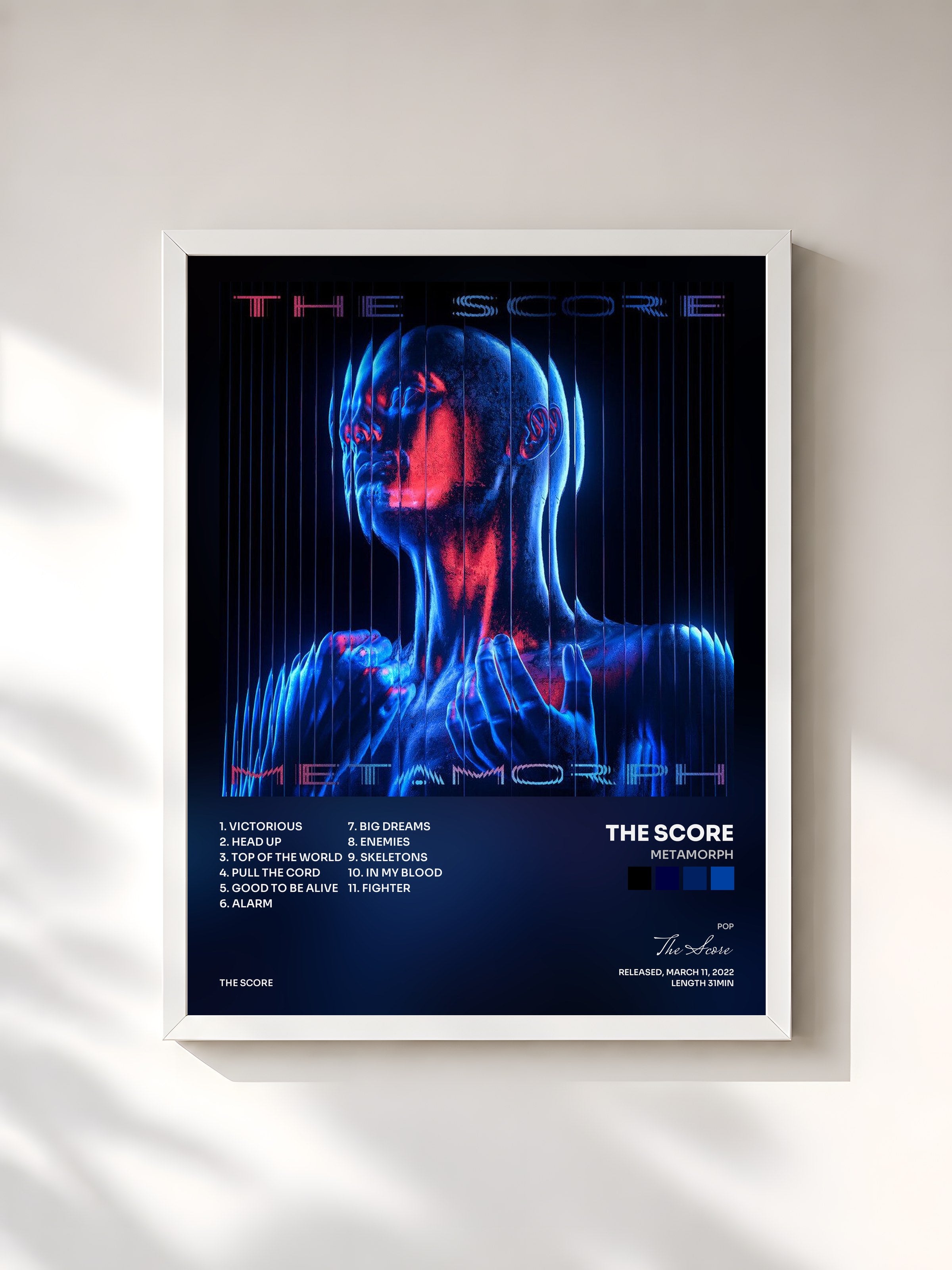 #blanc Tableau de l'album Metamorph de The Score, cadre blanc, imprimé et encadré en France
