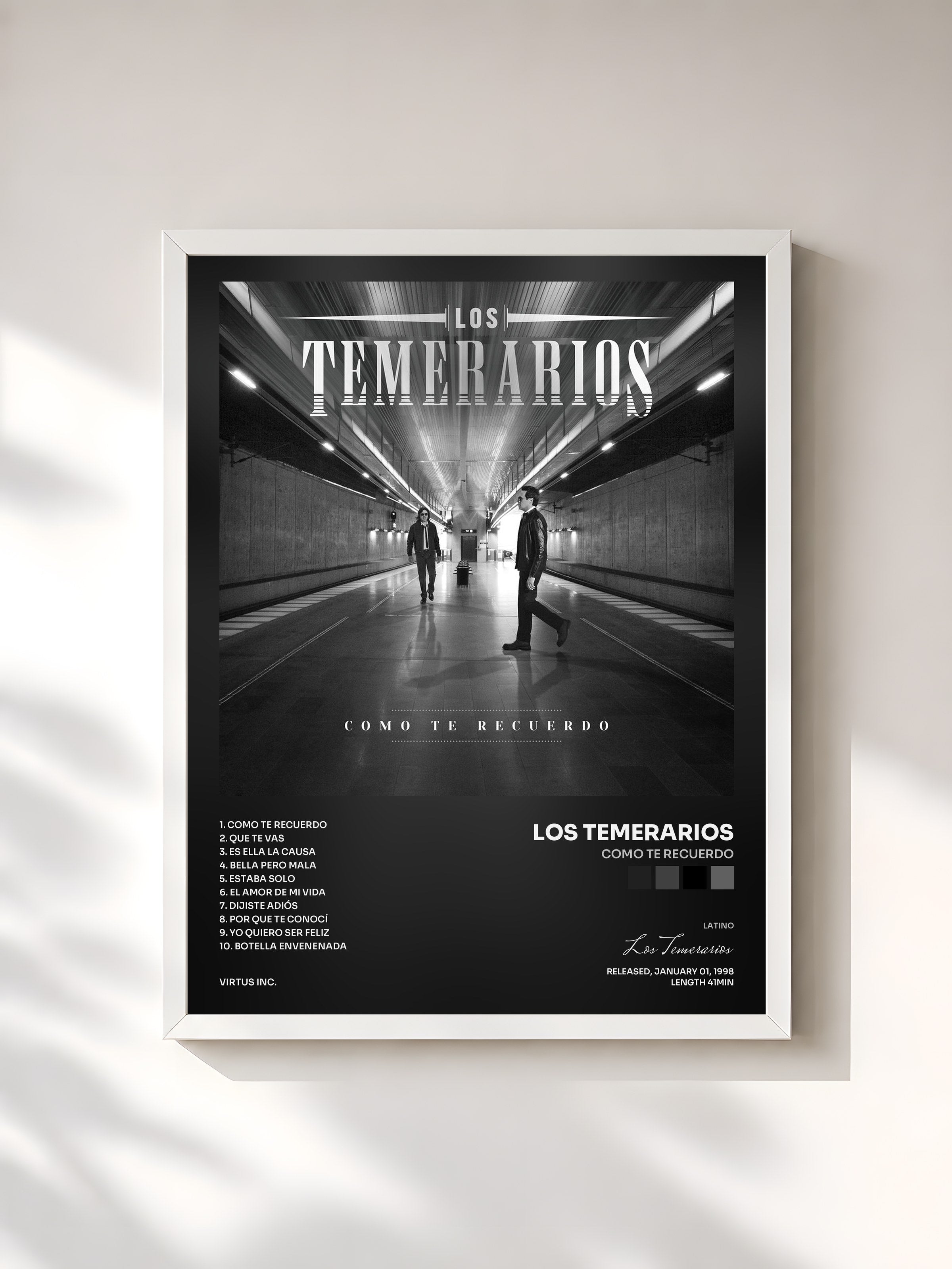 #blanc Tableau de l'album Como Te Recuerdo de Los Temerarios, cadre blanc, imprimé et encadré en France