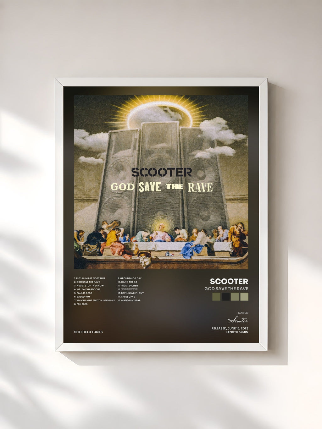 #blanc God Save The Rave by Scooter as a framed art print, white frame, printed and framed in France