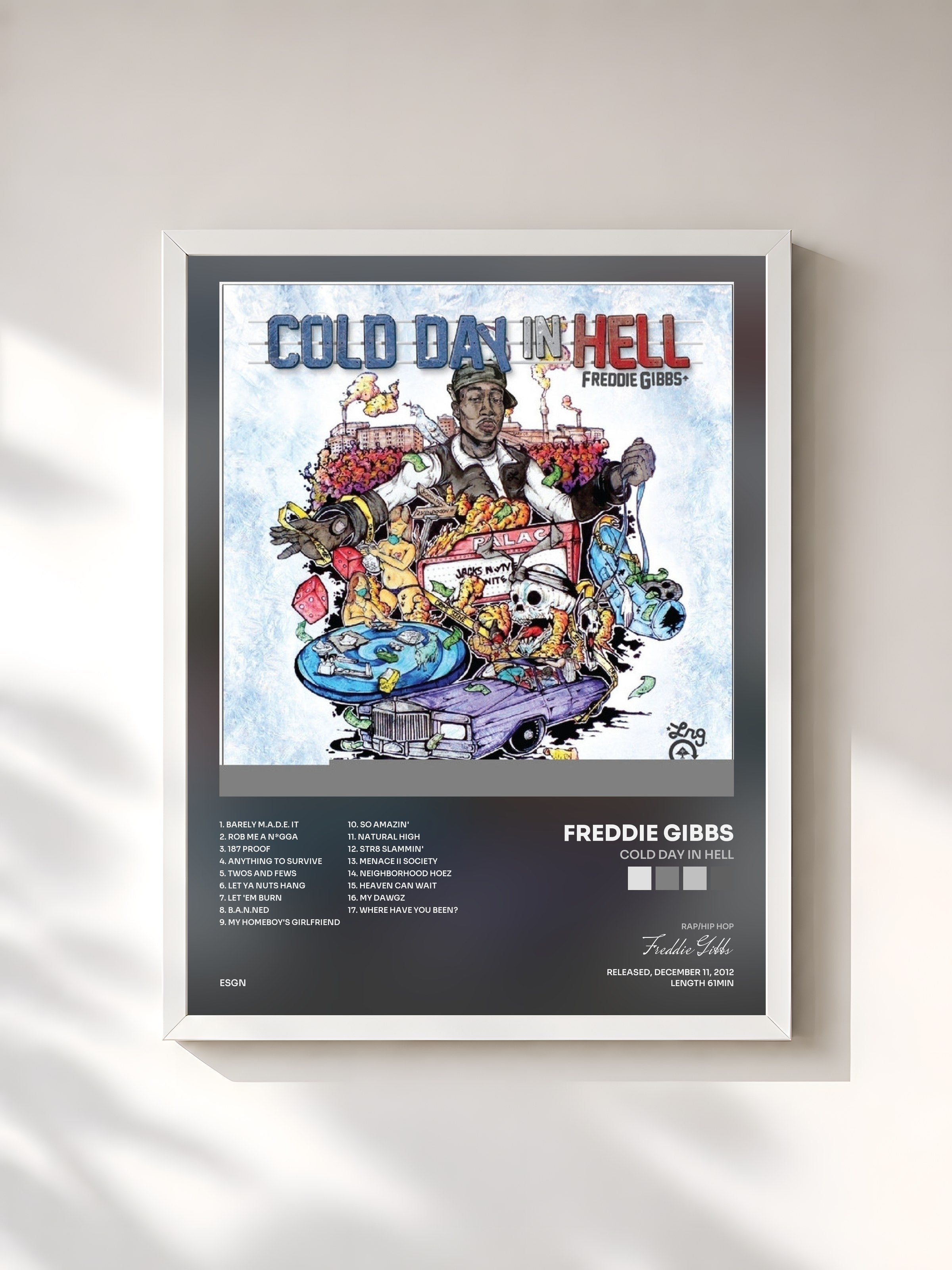 #blanc Tableau de l'album Cold Day In Hell de Freddie Gibbs, cadre blanc, imprimé et encadré en France