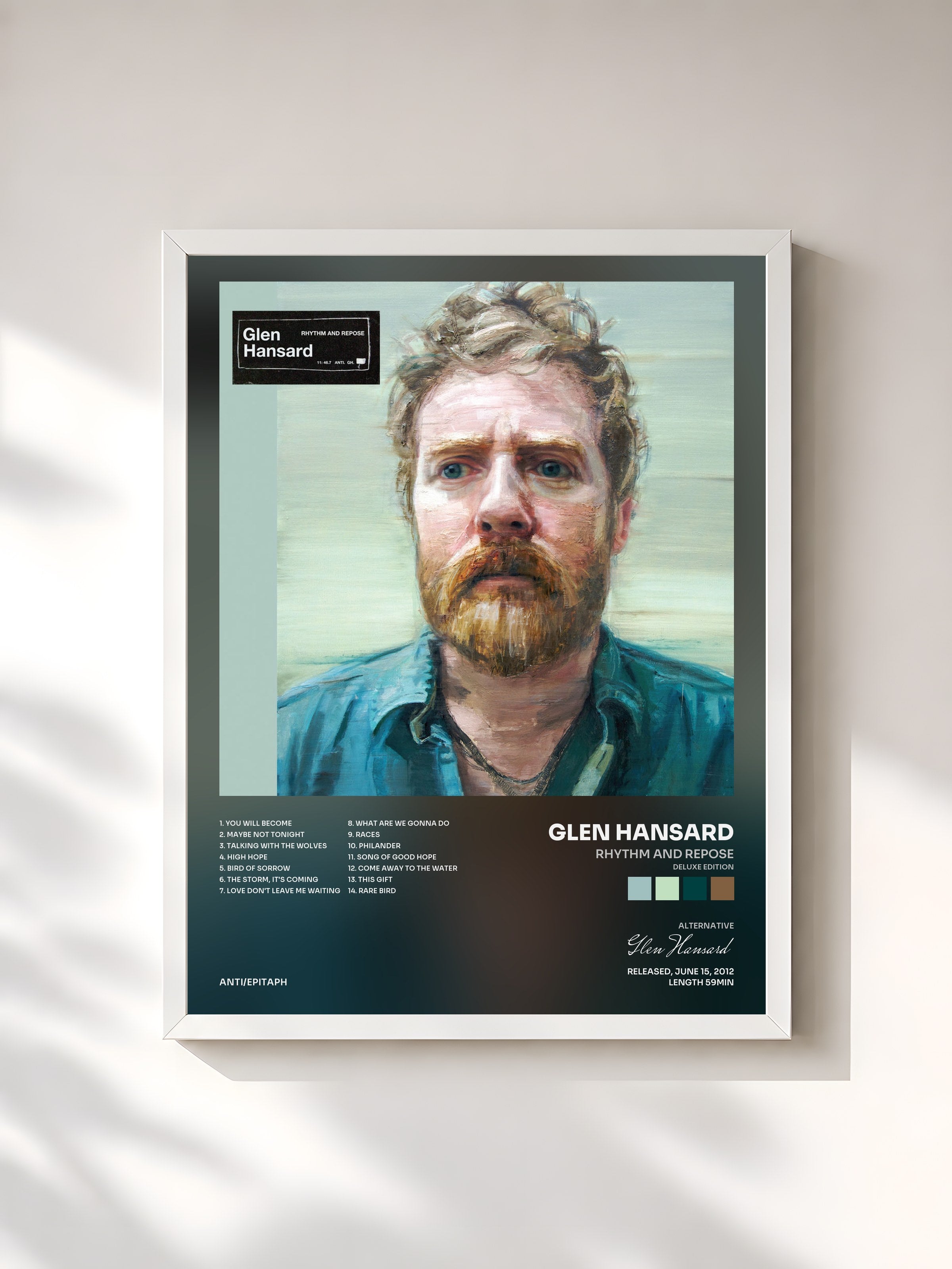 #blanc Tableau de l'album Rhythm And Repose (Deluxe Edition) de Glen Hansard, cadre blanc, imprimé et encadré en France