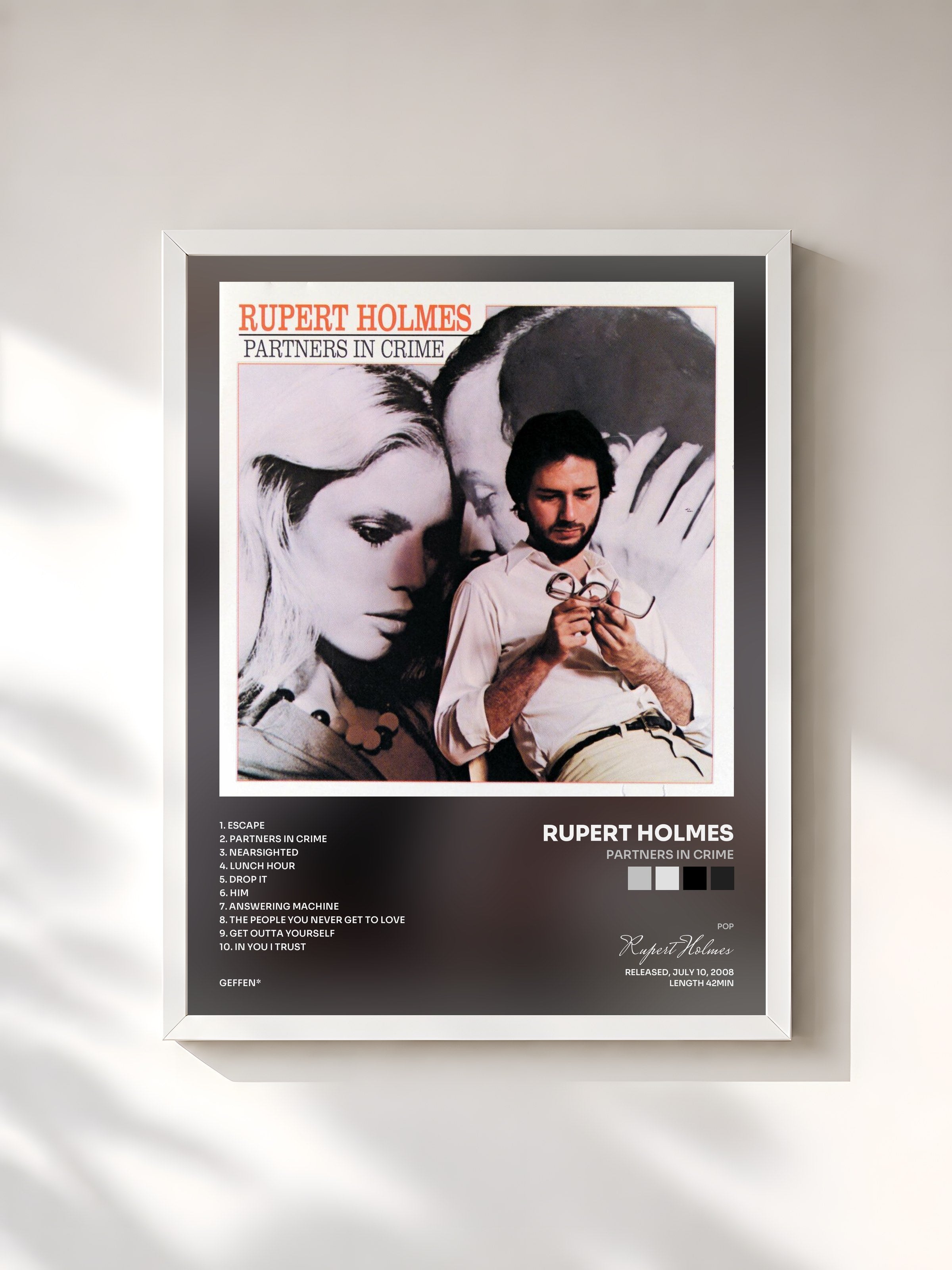 #blanc Tableau de l'album Partners In Crime de Rupert Holmes, cadre blanc, imprimé et encadré en France