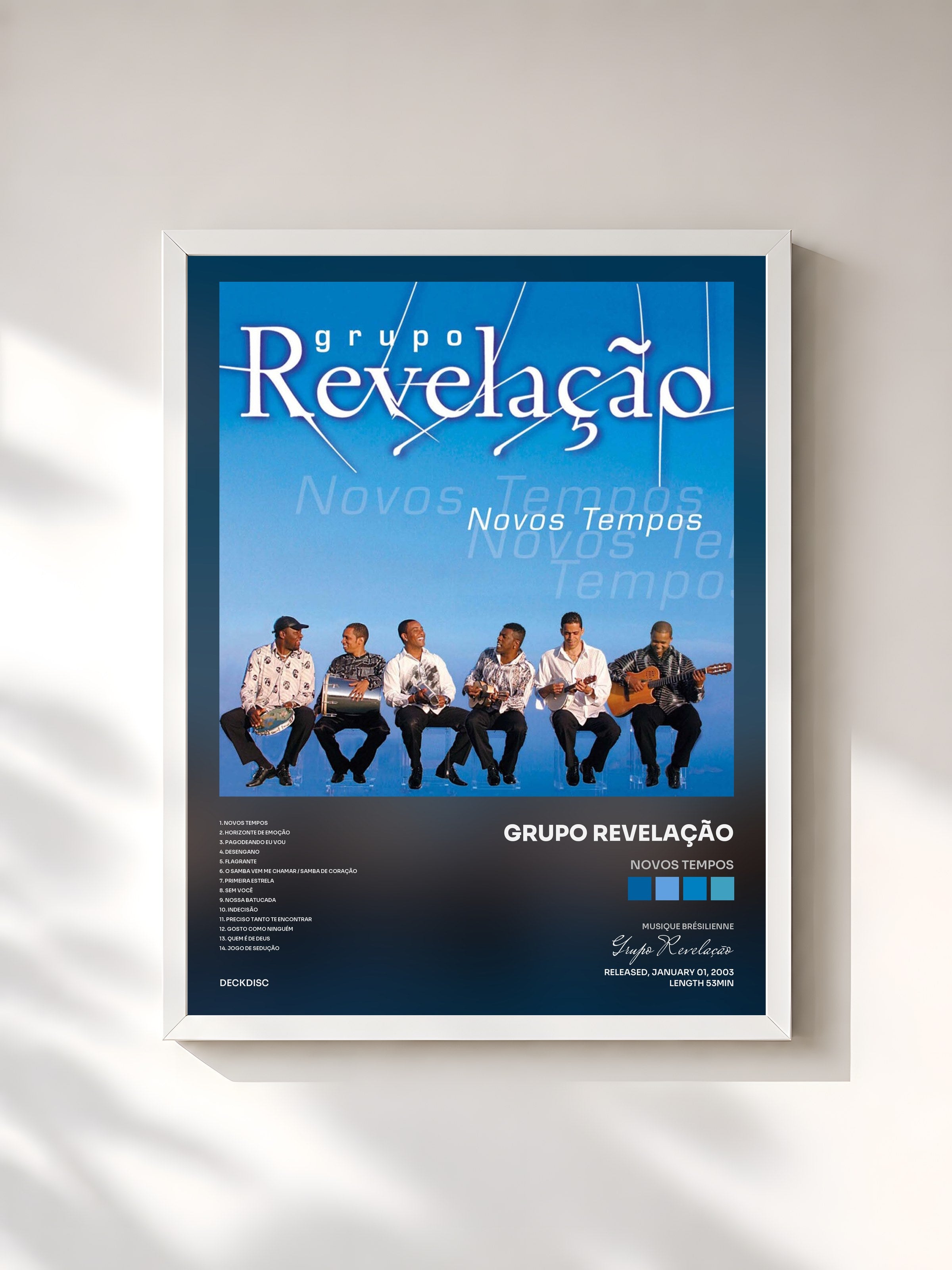 #blanc Tableau de l'album Novos Tempos de Grupo Revelação, cadre blanc, imprimé et encadré en France