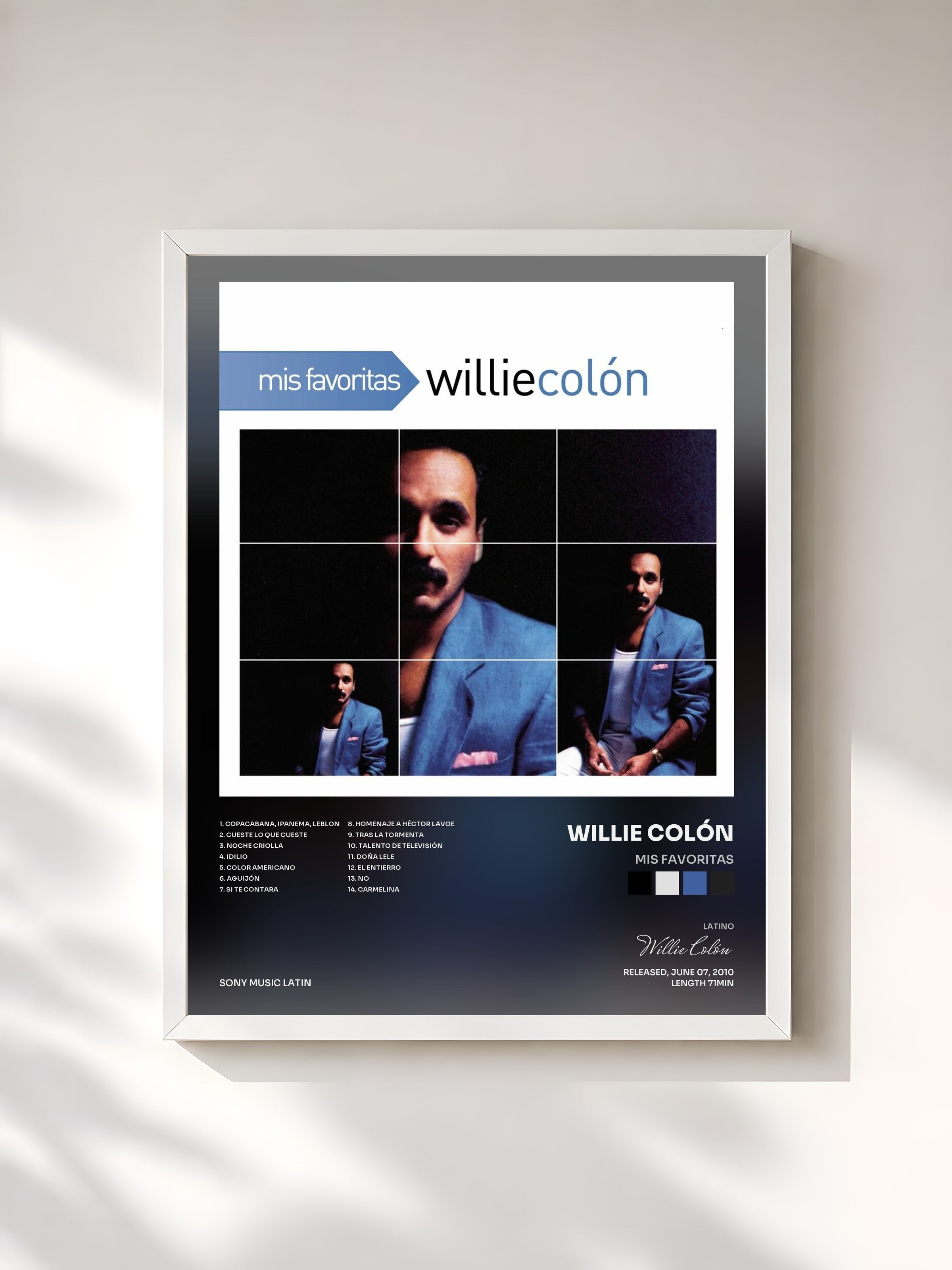 #blanc Tableau de l'album Mis Favoritas de Willie Colón, cadre blanc, imprimé et encadré en France