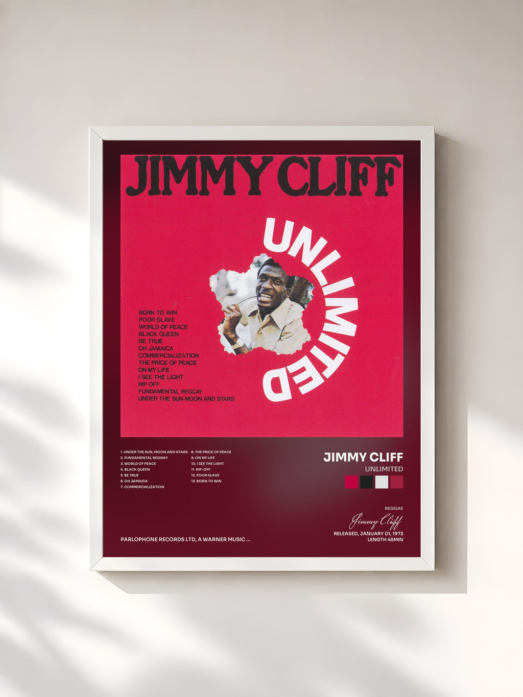 #blanc Tableau de l'album Unlimited de Jimmy Cliff, cadre blanc, imprimé et encadré en France