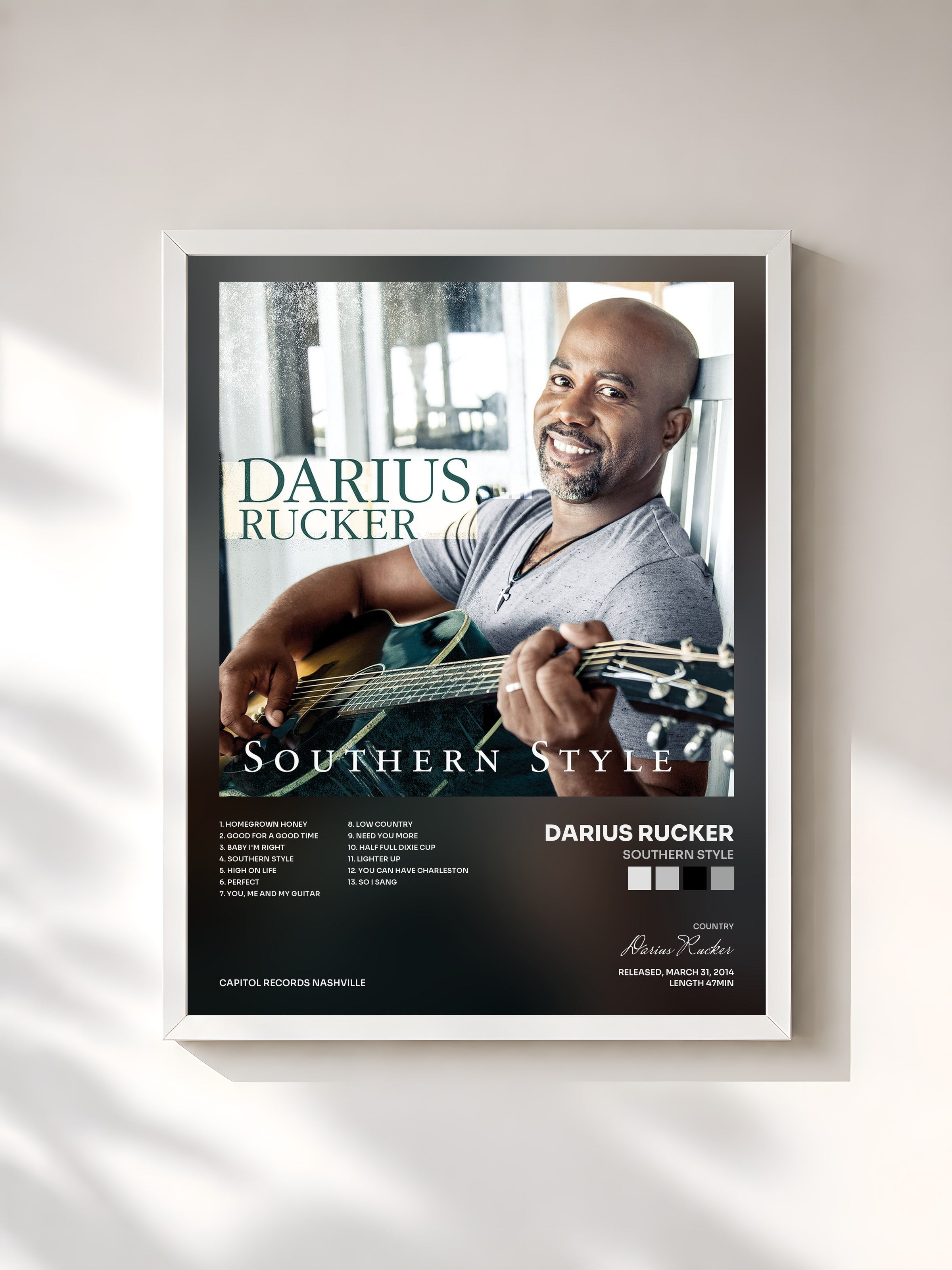 #blanc Tableau de l'album Southern Style de Darius Rucker, cadre blanc, imprimé et encadré en France
