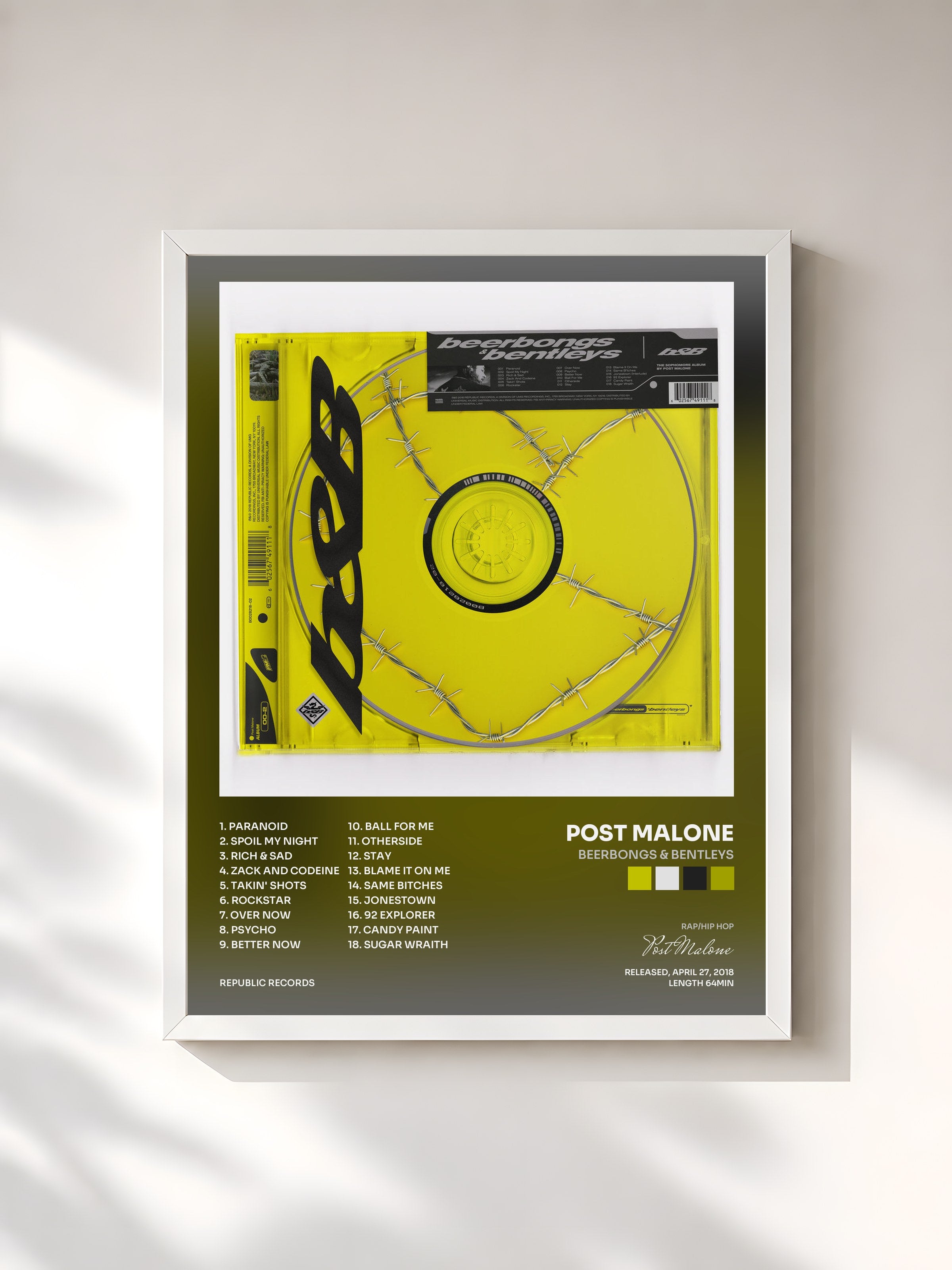#blanc Tableau de l'album beerbongs & bentleys de Post Malone, cadre blanc, imprimé et encadré en France