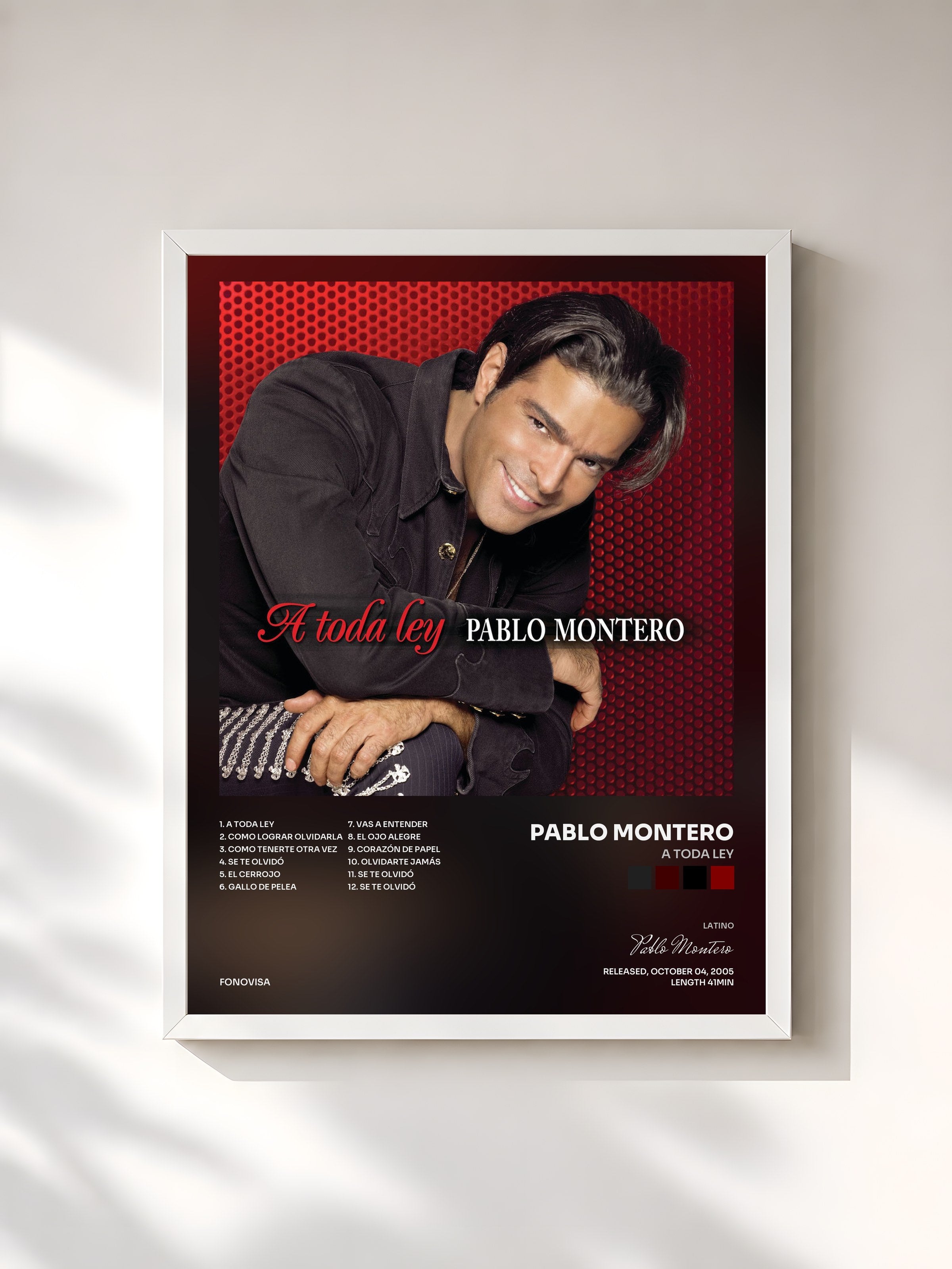 #blanc Tableau de l'album A Toda Ley de Pablo Montero, cadre blanc, imprimé et encadré en France