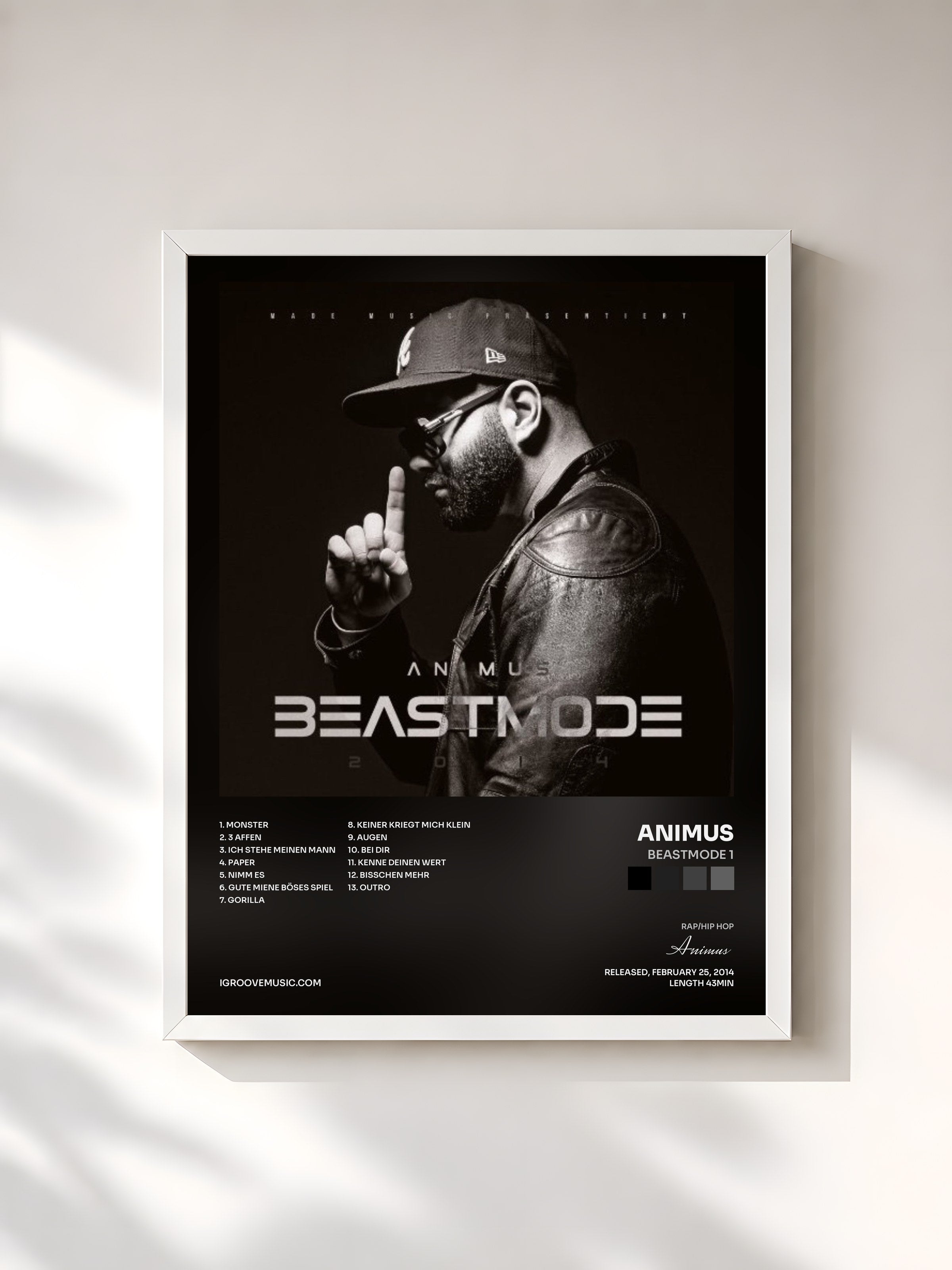 #blanc Tableau de l'album Beastmode 1 de Animus, cadre blanc, imprimé et encadré en France