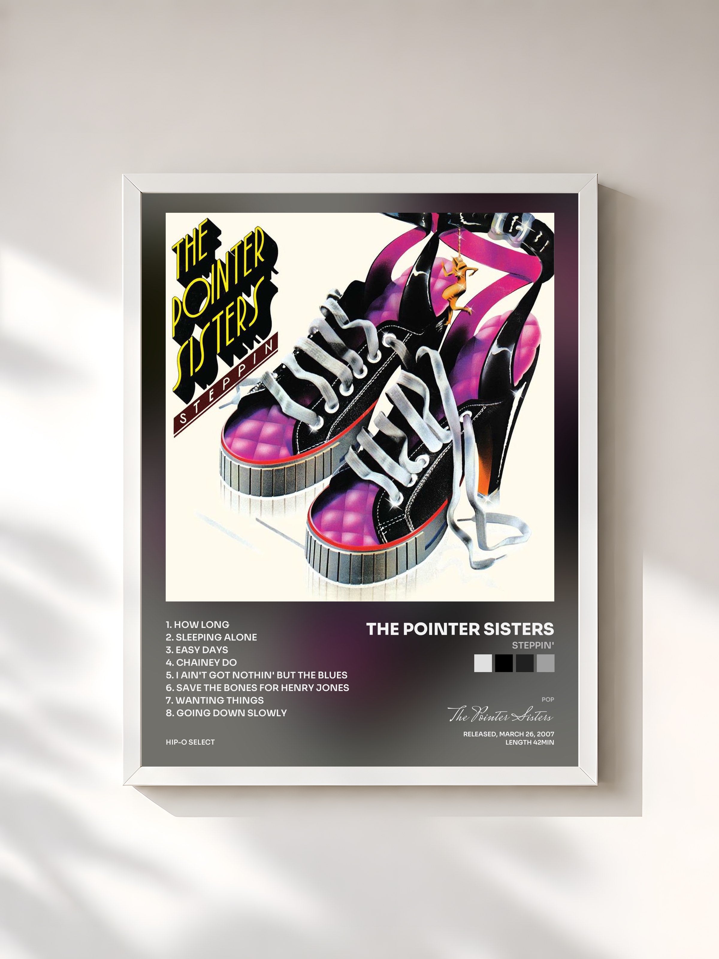 #blanc Tableau de l'album Steppin' de The Pointer Sisters, cadre blanc, imprimé et encadré en France