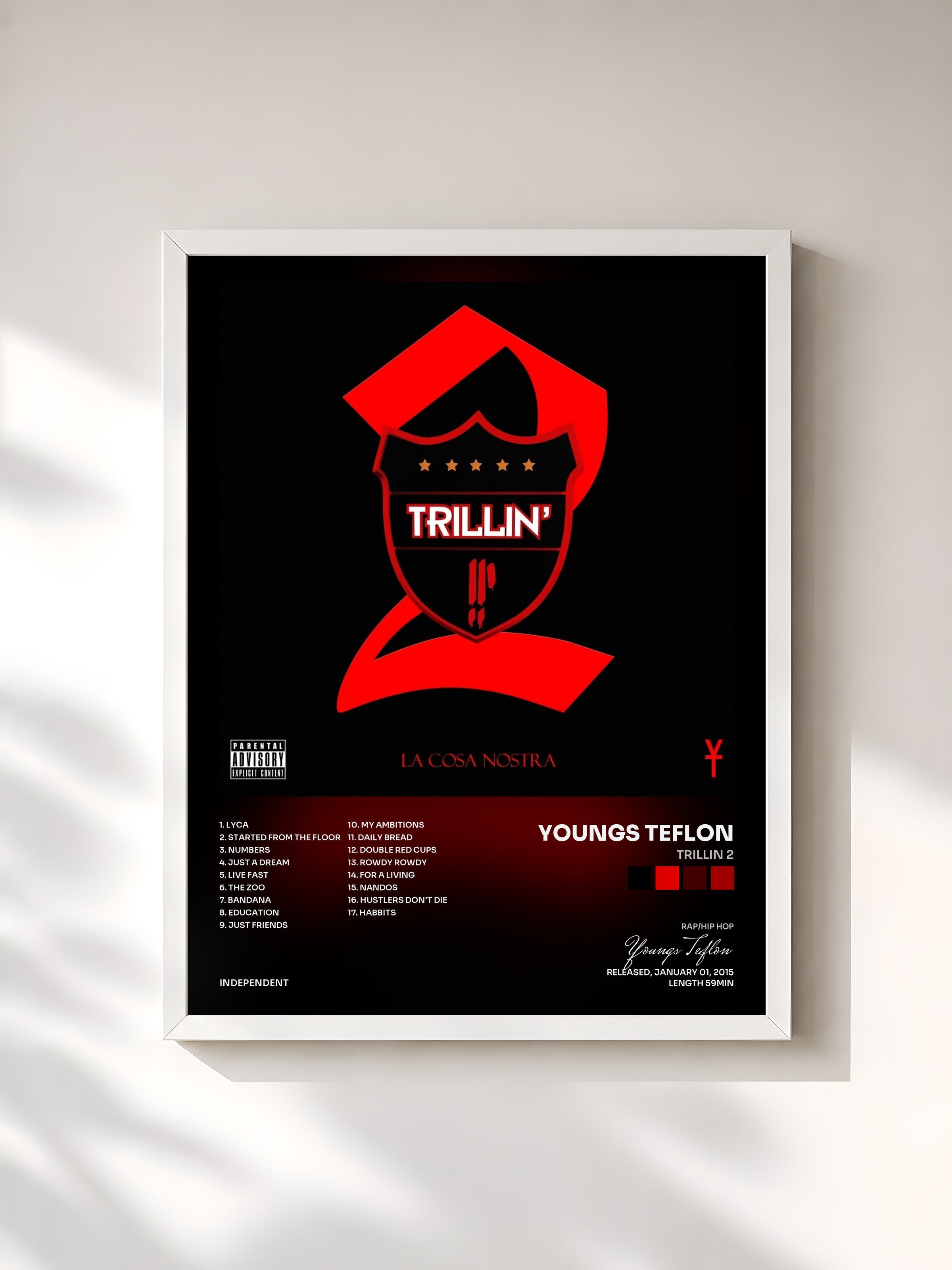 #blanc Tableau de l'album Trillin 2 de Youngs Teflon, cadre blanc, imprimé et encadré en France