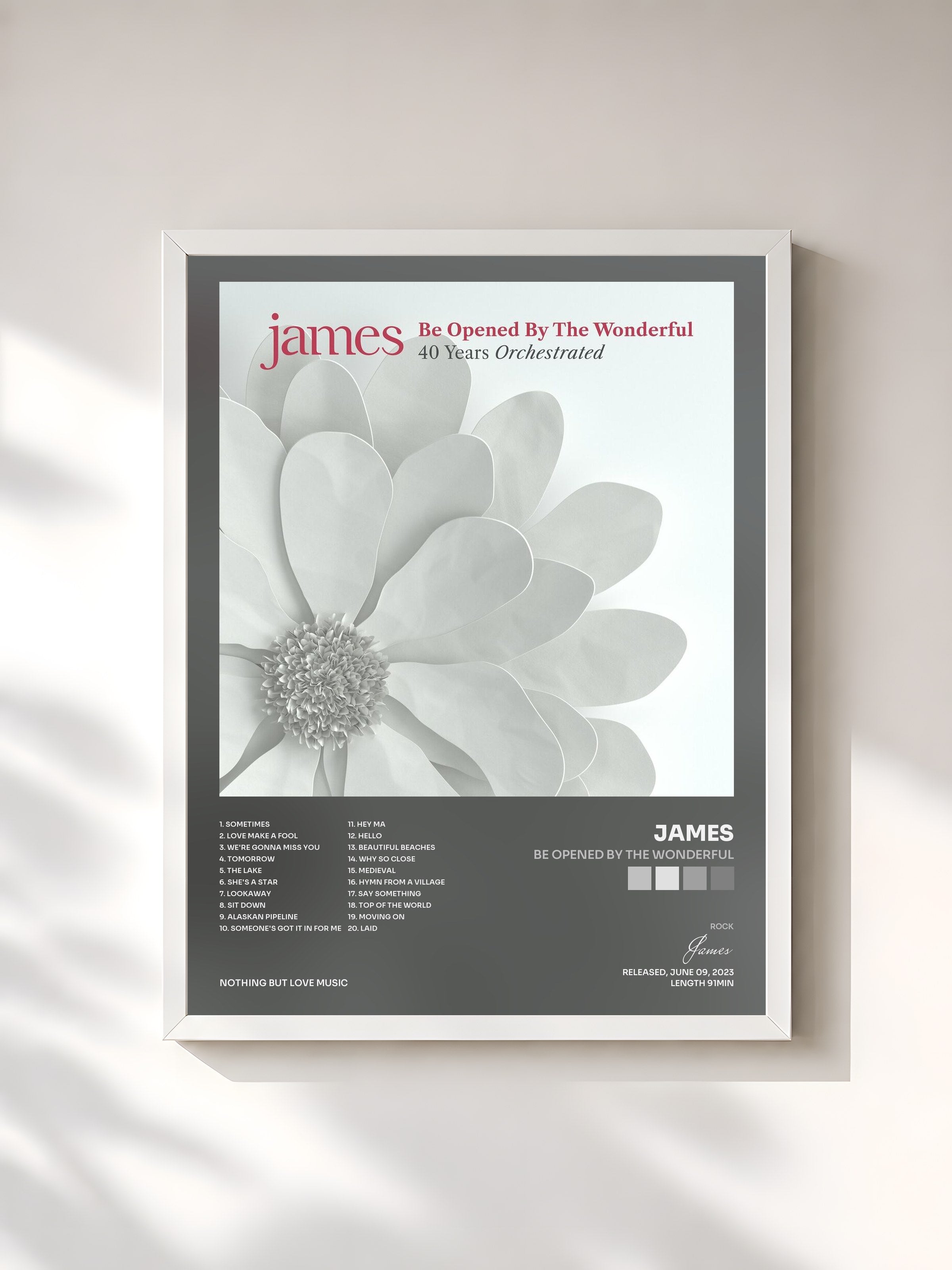 #blanc Tableau de l'album Be Opened By The Wonderful de James, cadre blanc, imprimé et encadré en France