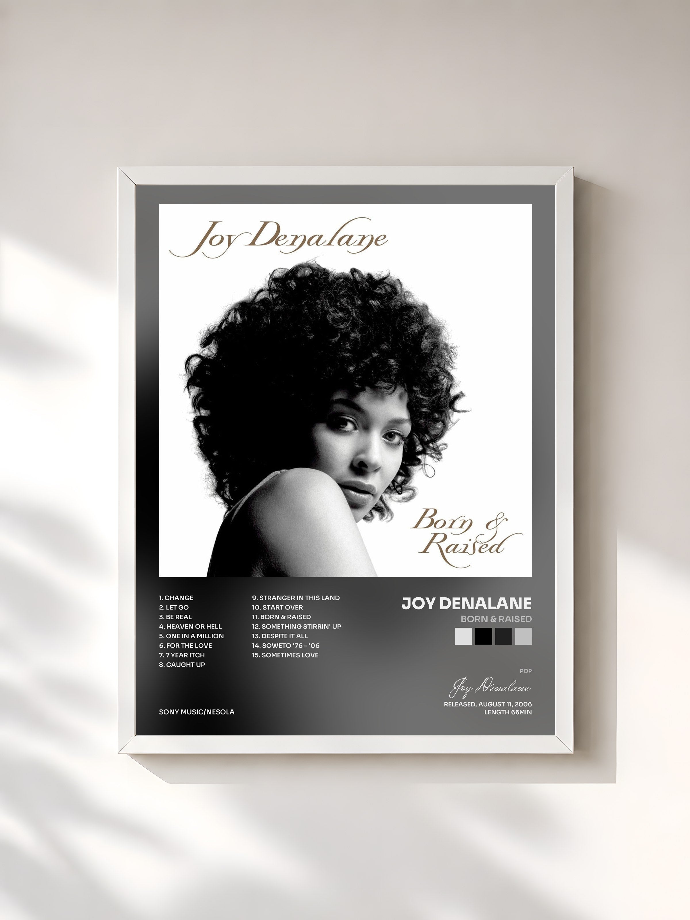 #blanc Tableau de l'album Born & Raised de Joy Denalane, cadre blanc, imprimé et encadré en France